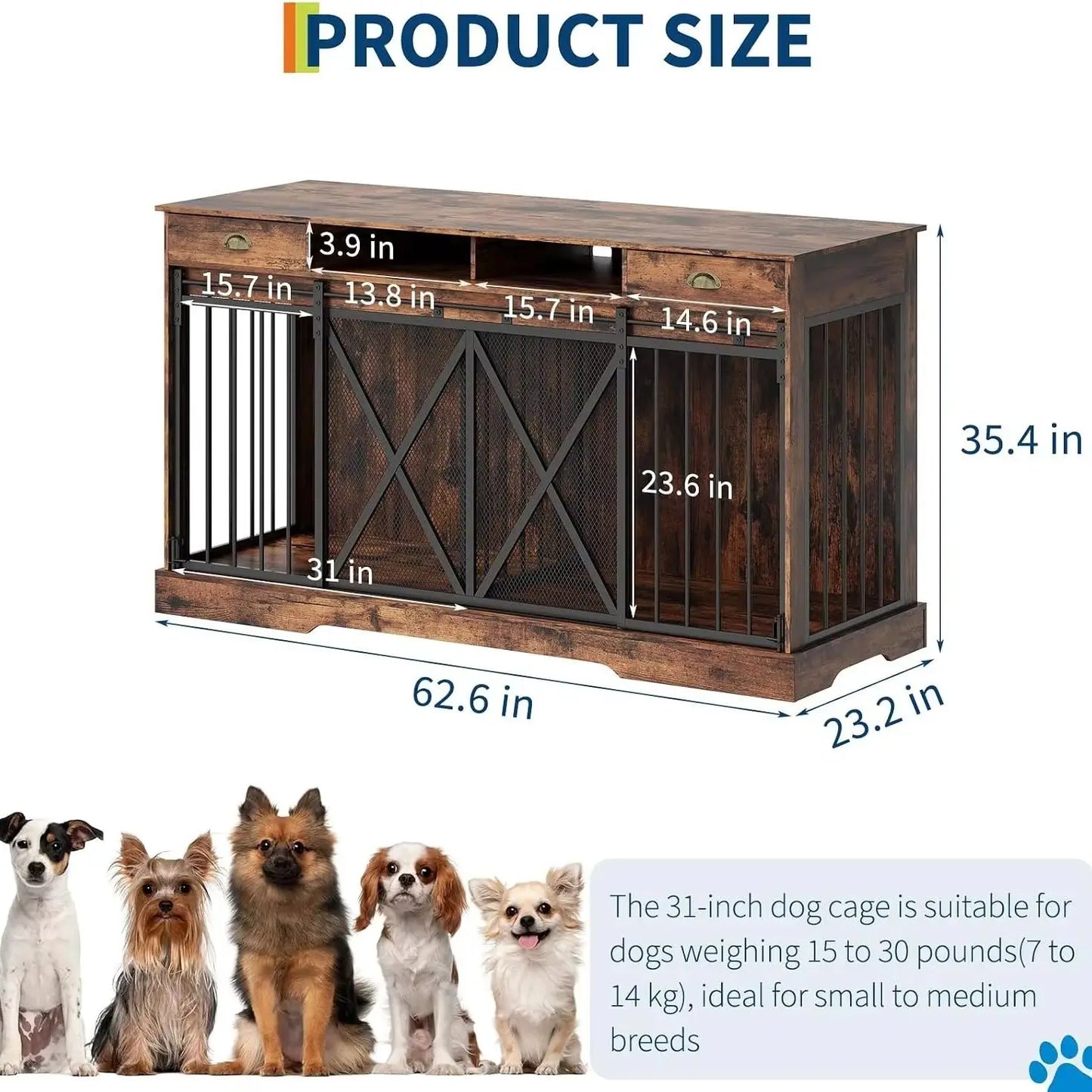 Large Wooden Double Dog Crate Furniture With Divider And Storage