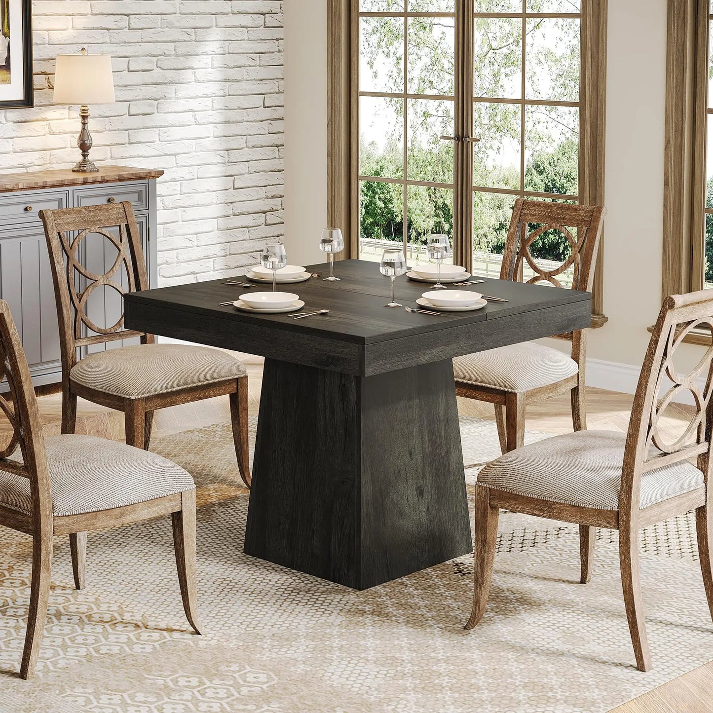 Tribesigns Square Dining Table For Four With Farmhouse Pedestal Base
