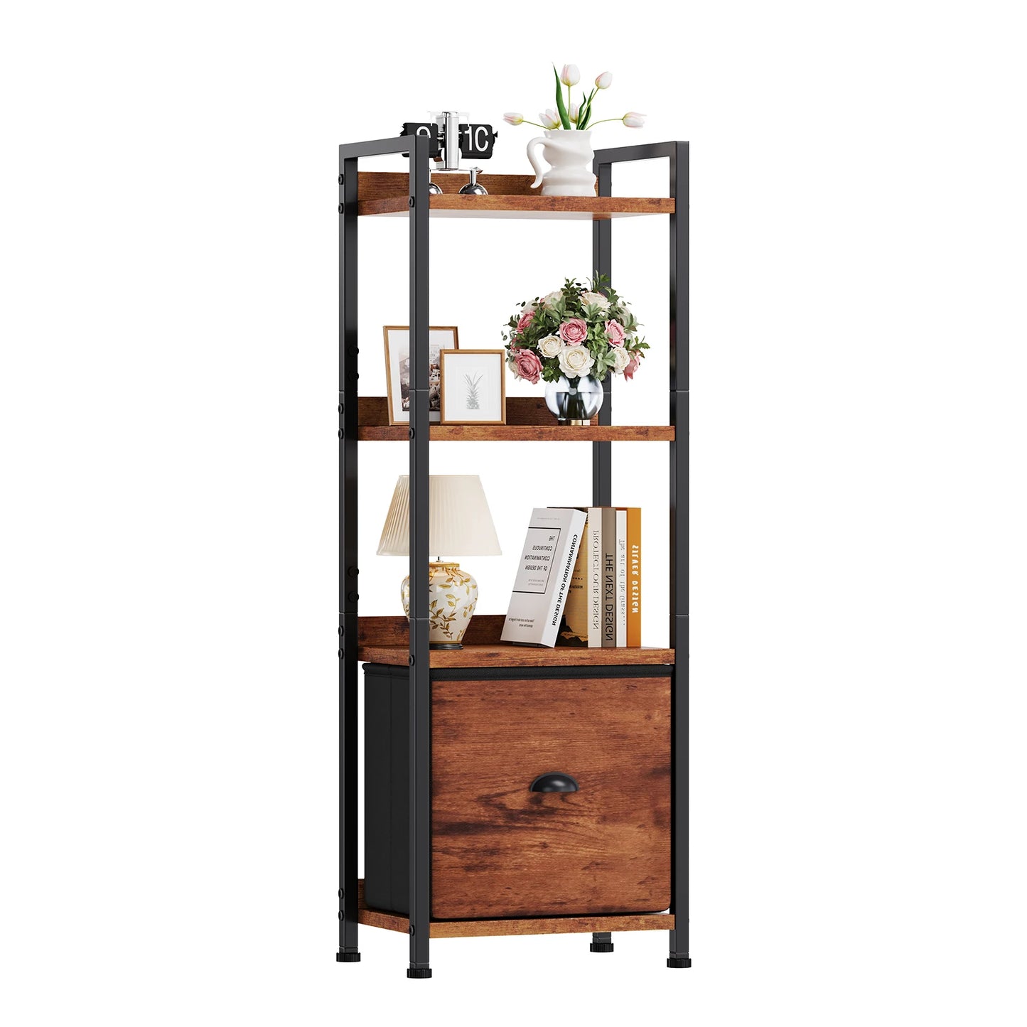 MCQ 5 Tier Bookshelf With Fabric Drawer Wood And Metal Organizer