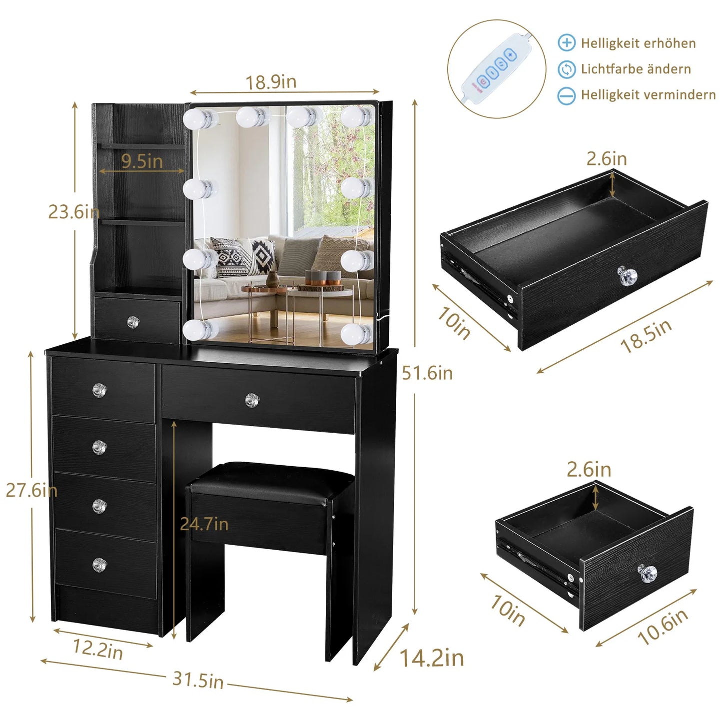 Rustic Wooden Makeup Vanity With Lit Mirror And Drawers