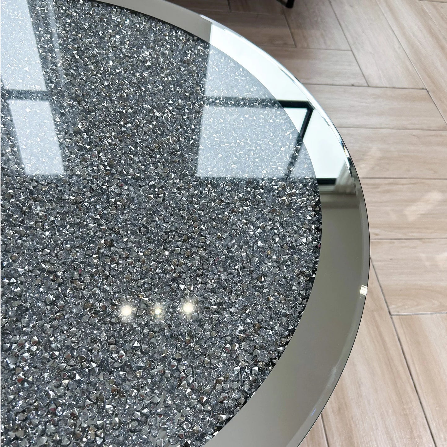 Mirrored Crystal Inlay Coffee Table Modern Round Glass Living Room