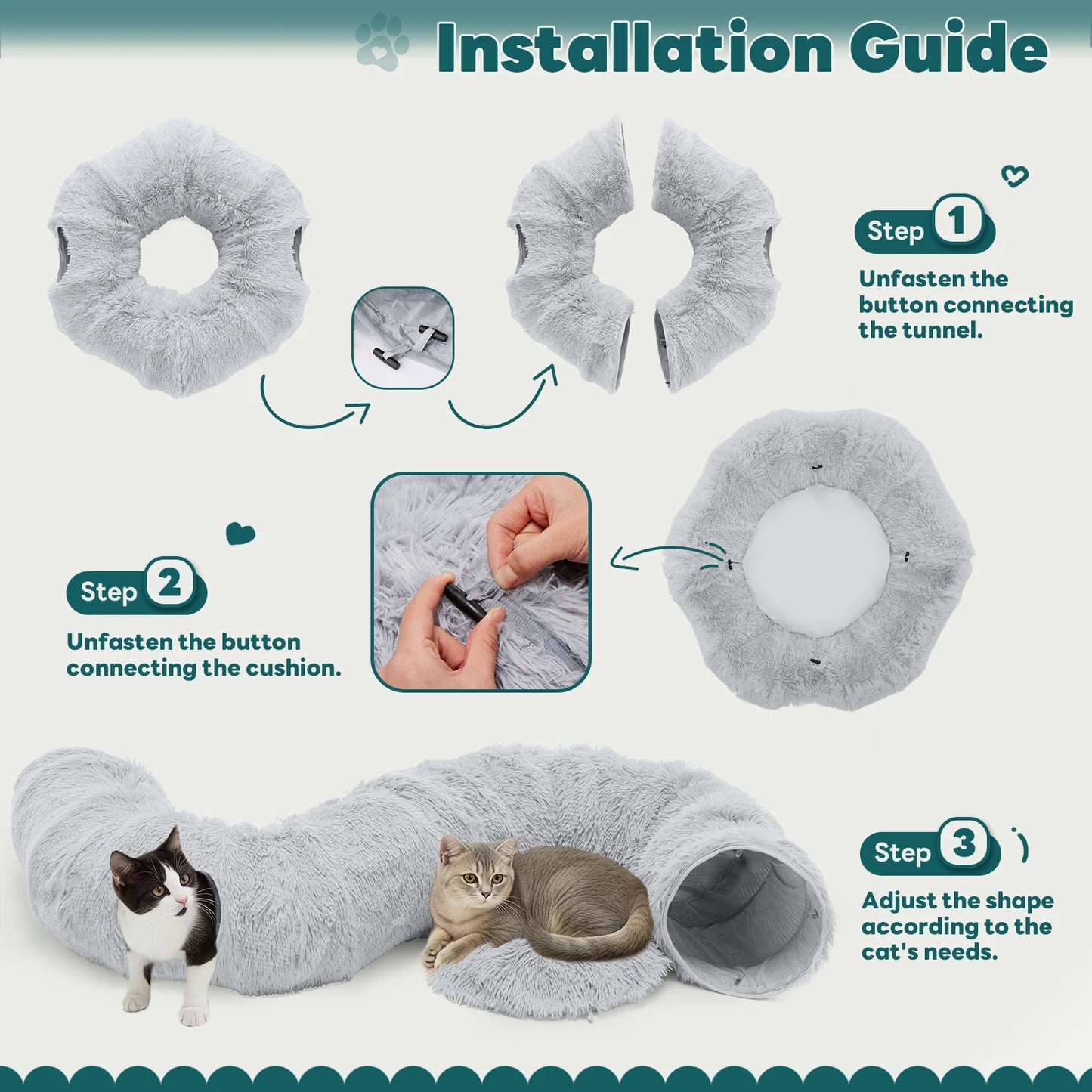 JHK Soft Plush Cat Tunnel Bed Indoor Washable Multifunctional Villa