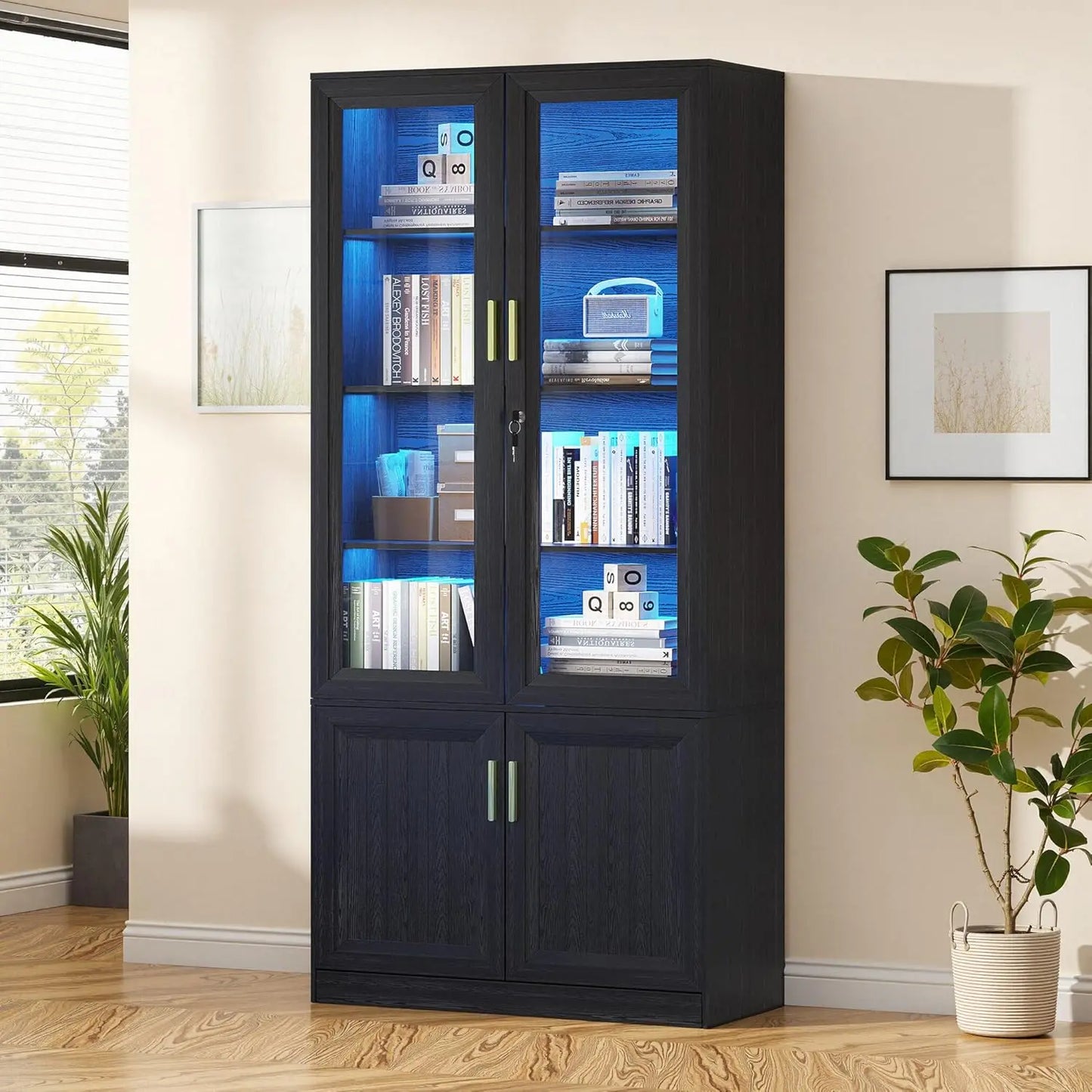 Four Tier Solid Wood Display Cabinet With Lockable Glass Doors
