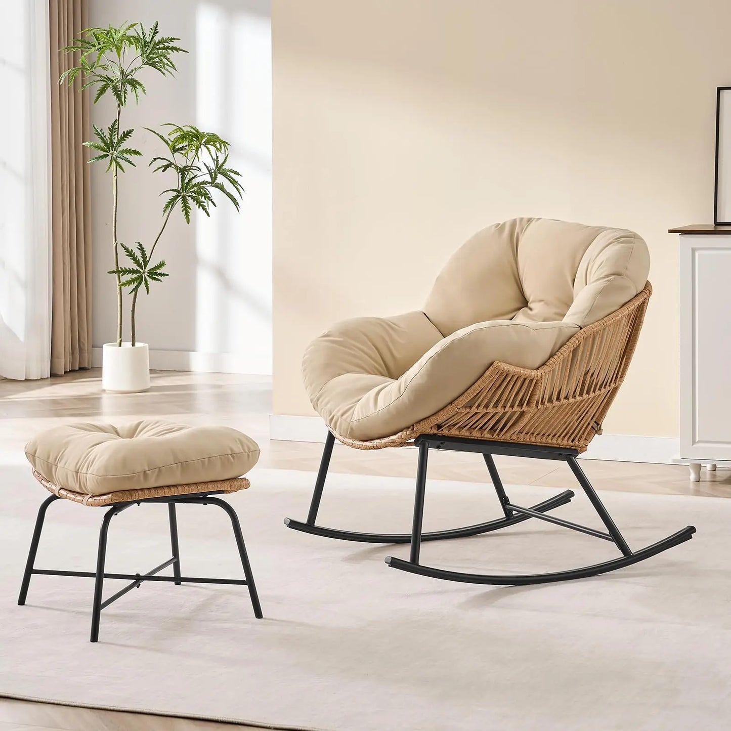 Onbrill Oversized Wicker Rattan Papasan Rocking Chair