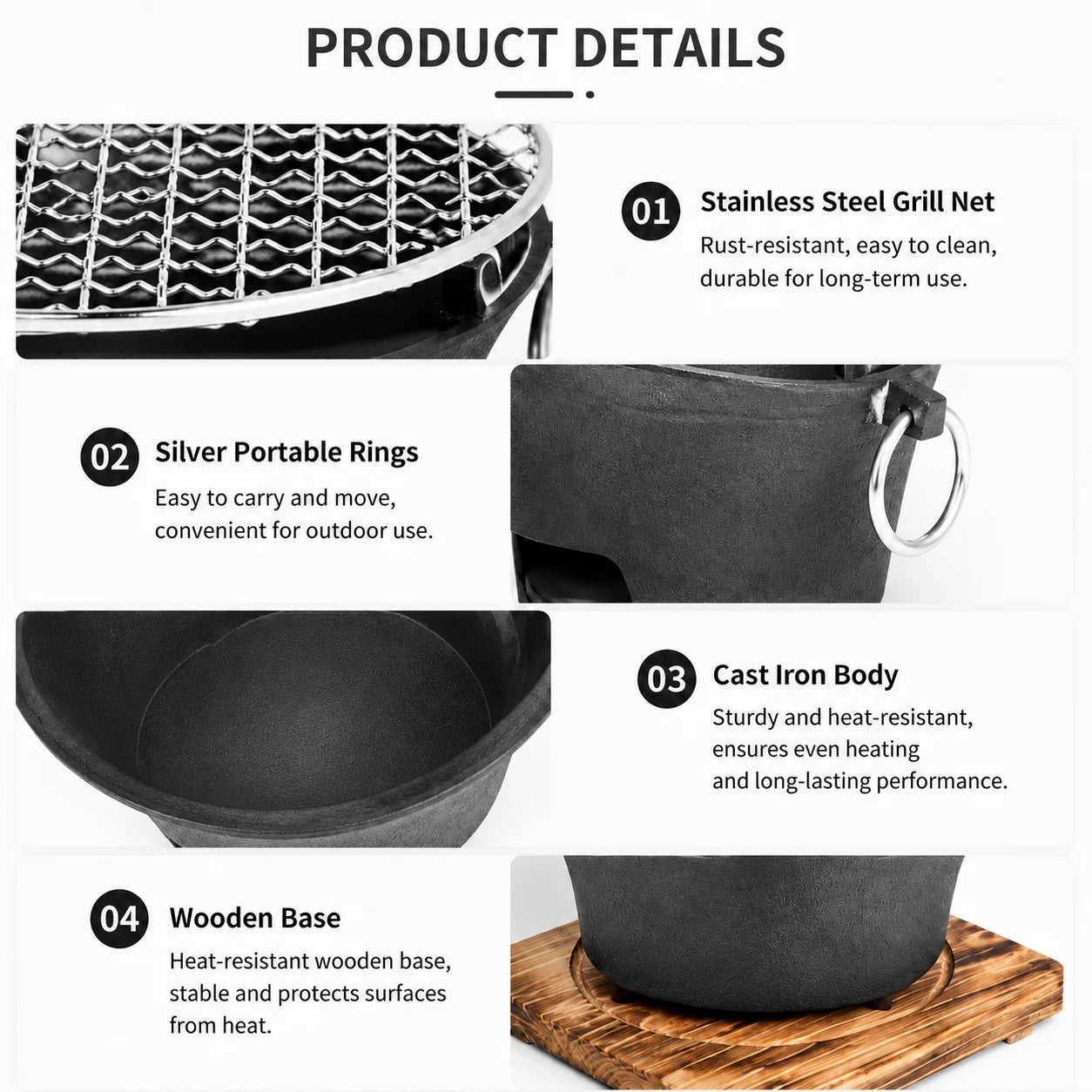 Portable Mini Tabletop Charcoal Grill Cast Iron Heat Resistant Cooking