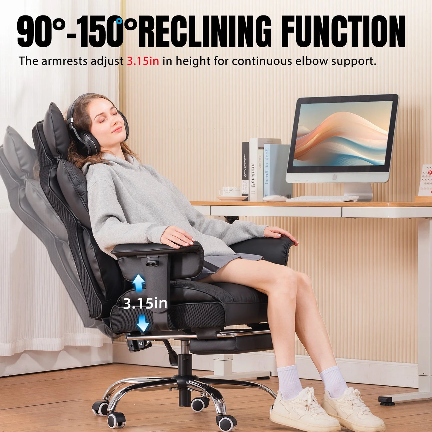 Comhoma Ergonomic Leather High Back Office Chair With Adjustable Armrests