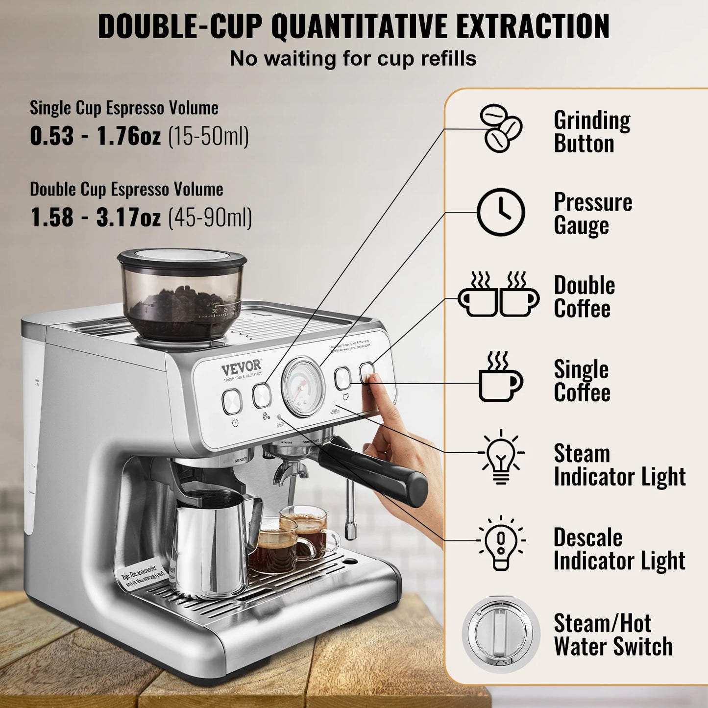 Vevor Semi Automatic Espresso Machine With Built In Grinder