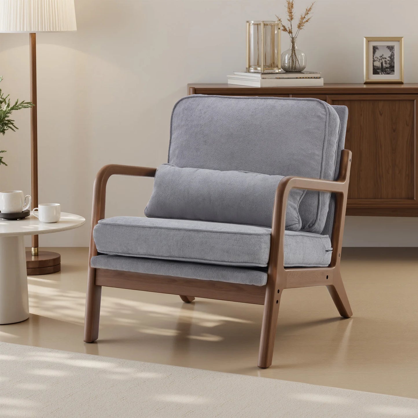 JHK Mid Century Modern Solid Wood Armchair With Upholstered Cushion