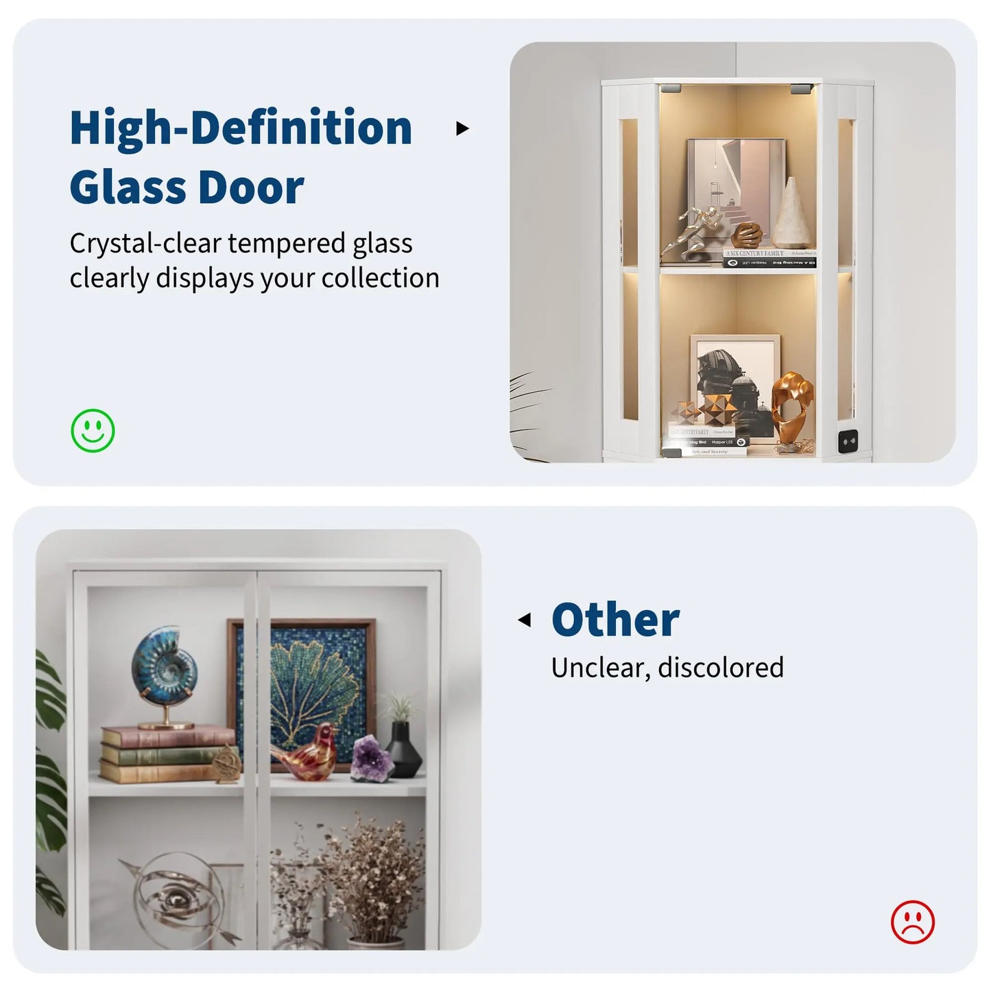 HiMISS Modern Glass Corner Display Cabinet With Lighted Shelves
