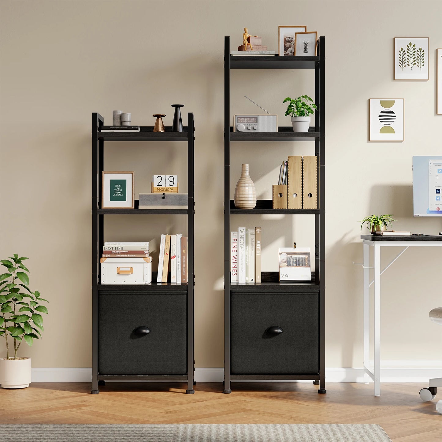 MCQ 5 Tier Bookshelf With Fabric Drawer Wood And Metal Organizer