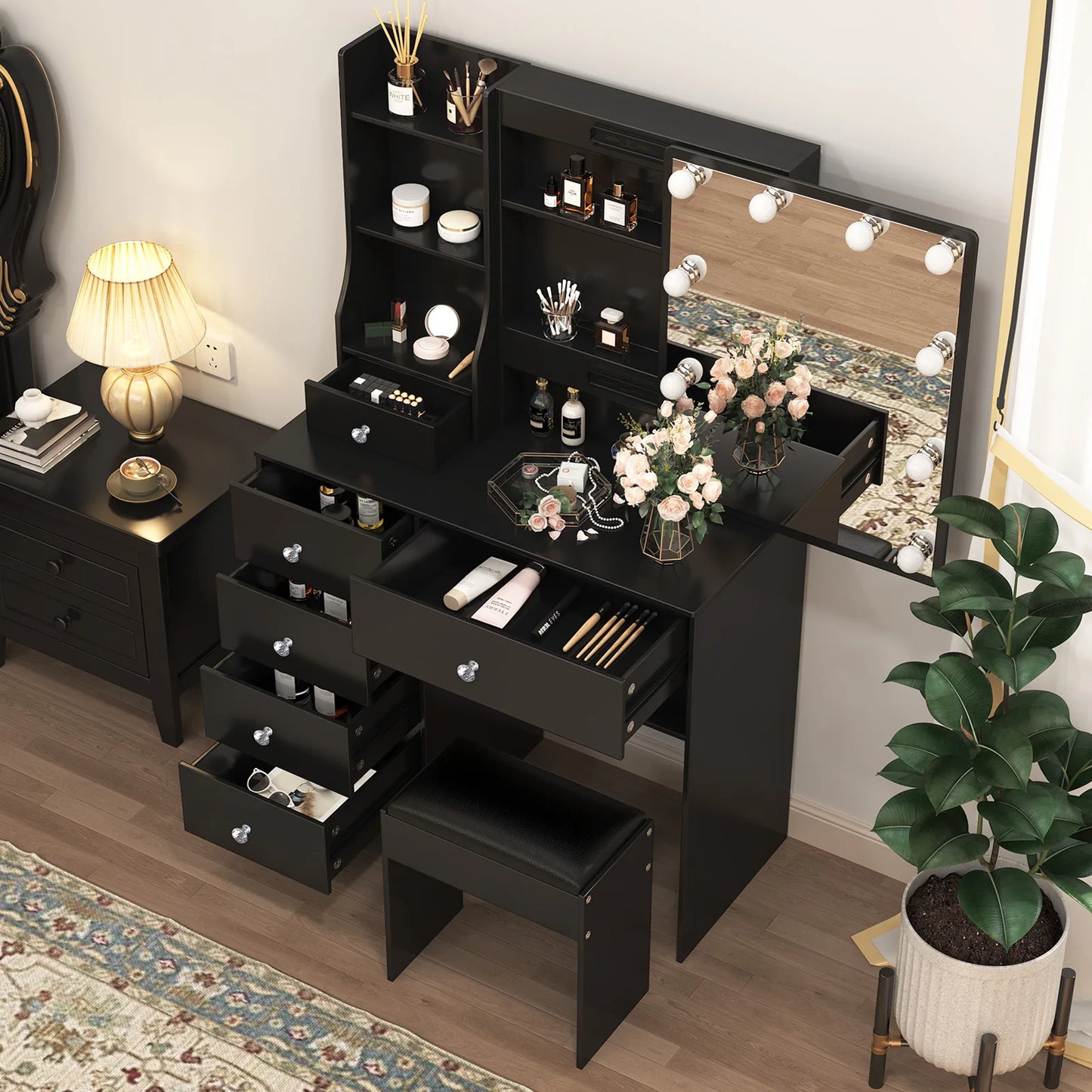 Rustic Wooden Makeup Vanity With Lit Mirror And Drawers