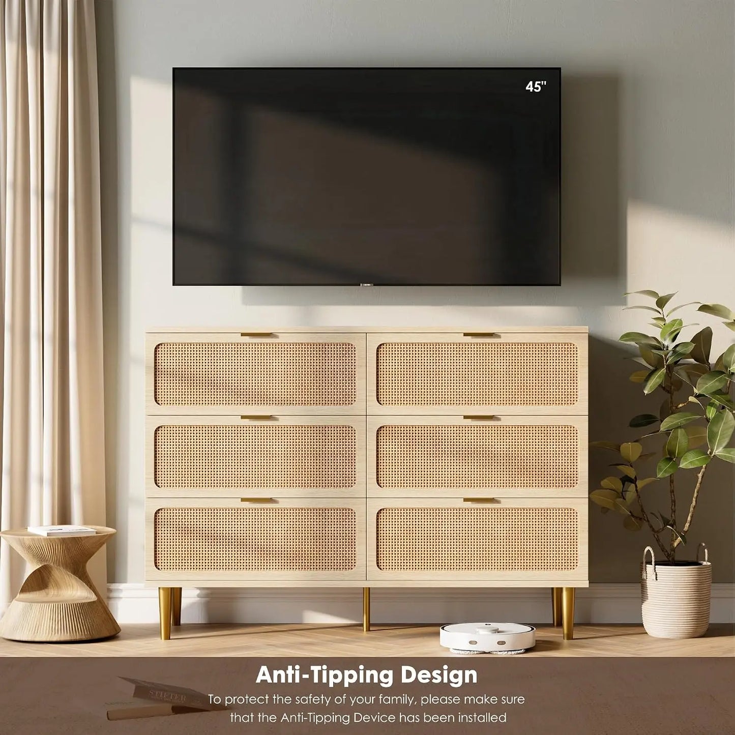 Natural Rattan Six Drawer Wooden Dresser Storage Cabinet