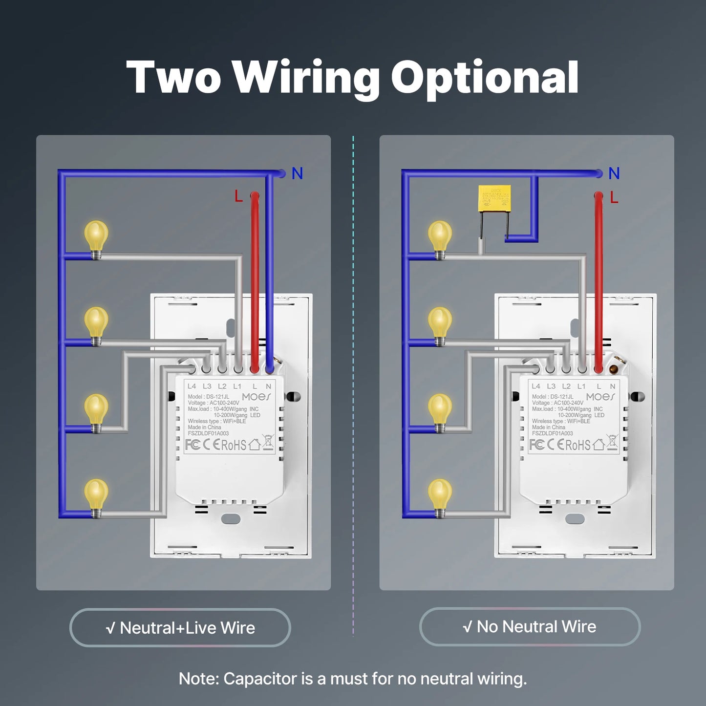 Tuya No Neutral WiFi Smart Glass Light Switch For Alexa And Google Home