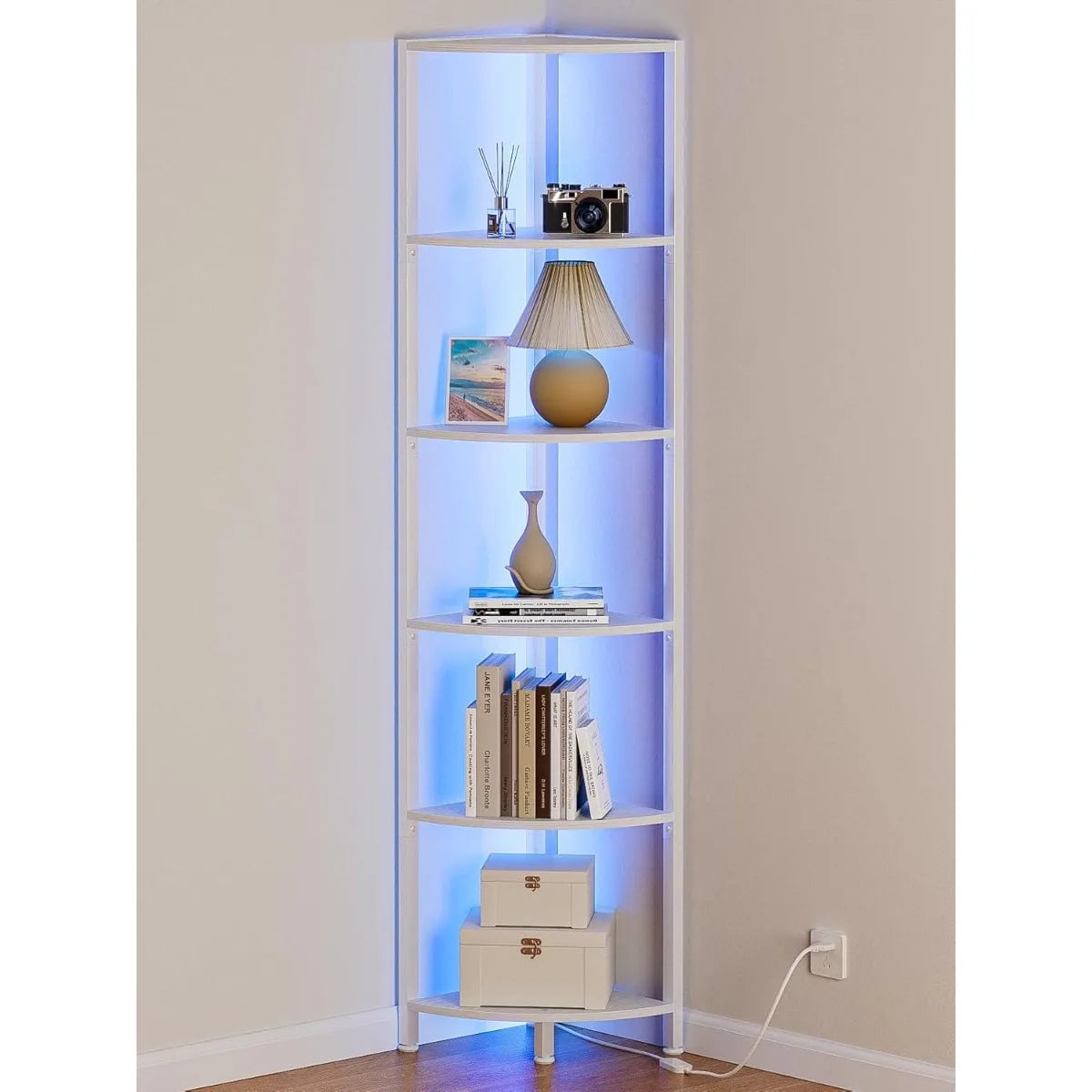 XIUWO Wooden Corner Shelf With LED Light Storage Bookshelf Organizer