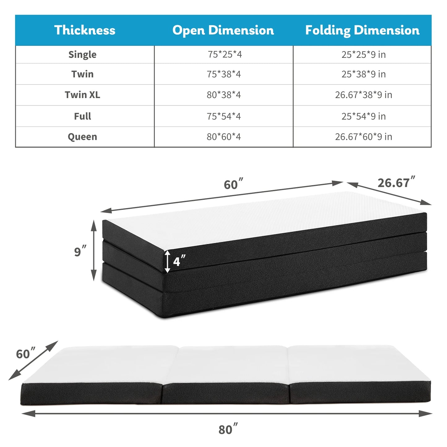 JHK Three Fold Floor Bed CertiPUR US Memory Foam Mattress