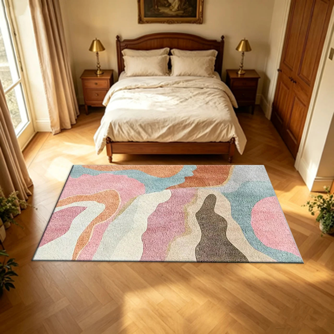 Classic Polyester Abstract Wave Area Rug With Rubber Backing
