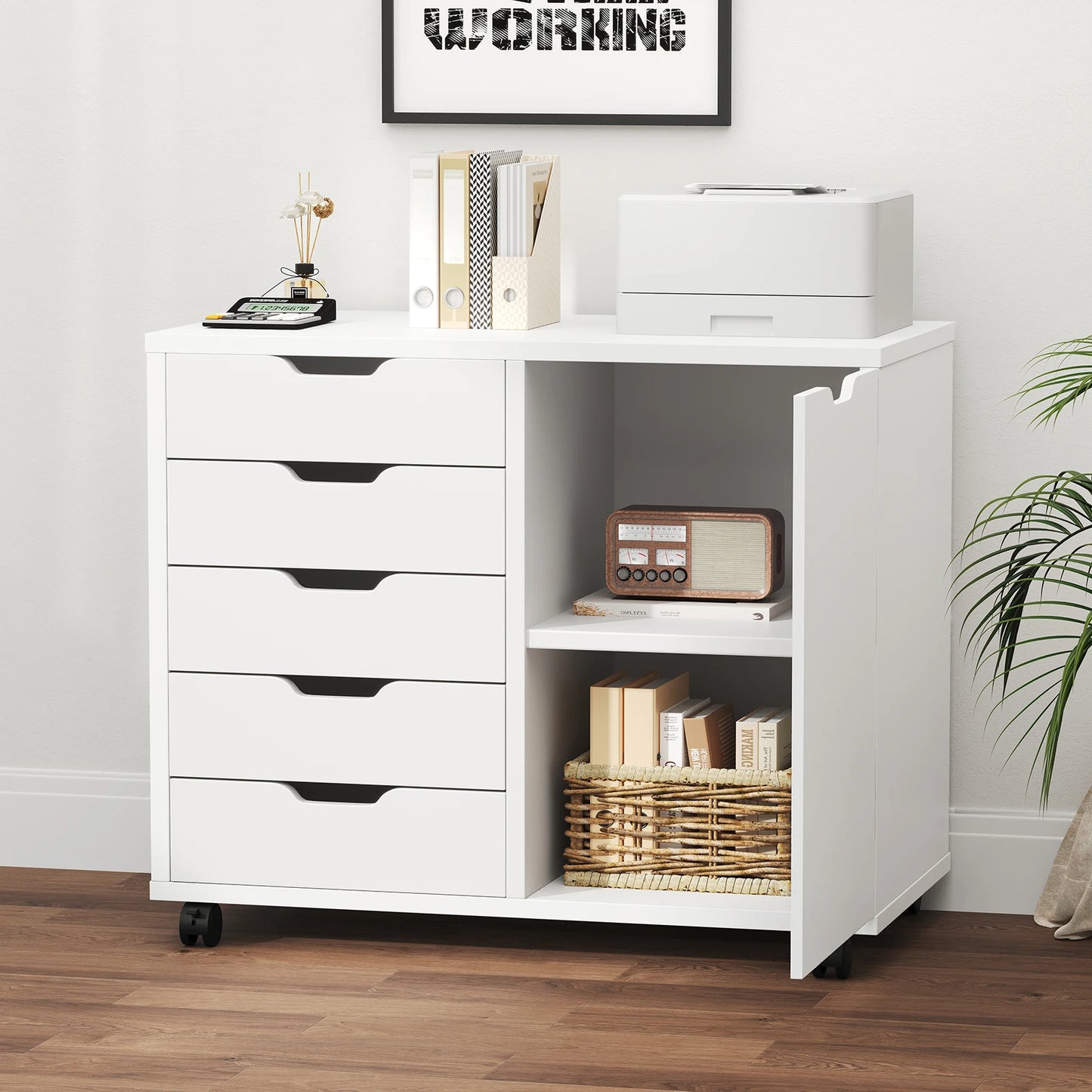 JHK Wood 5 Drawer Cabinet Organizer With Wheels