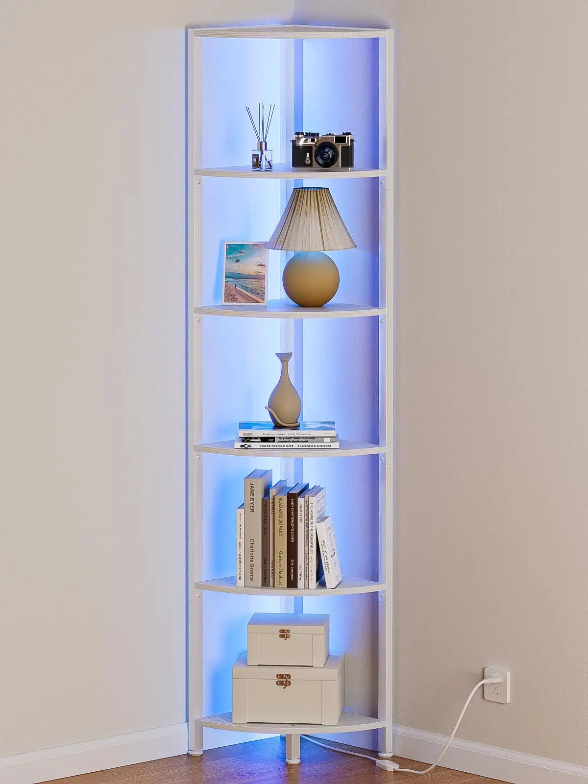 XIUWO Wooden Corner Shelf With LED Light Storage Bookshelf Organizer