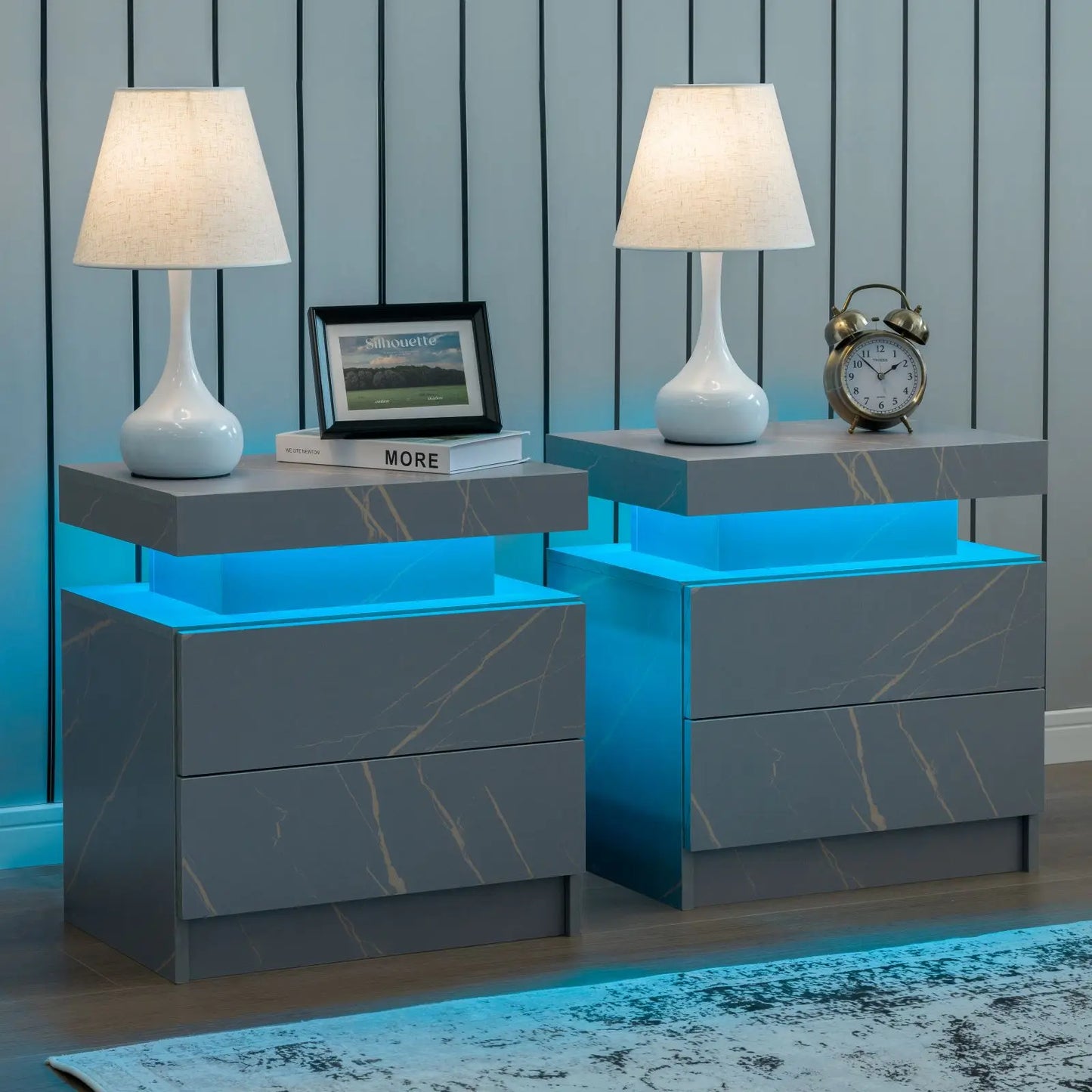 Cubehom Set Of 2 Modern Led Nightstand With Drawers