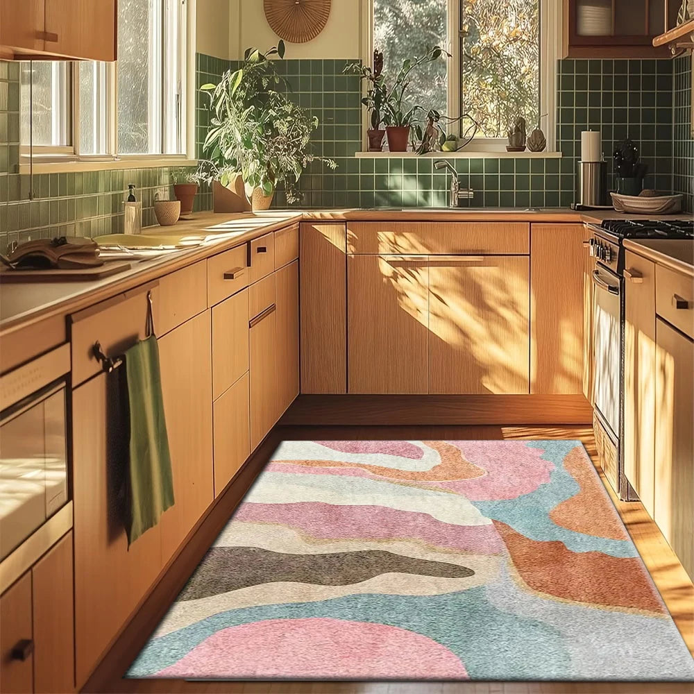 Classic Polyester Abstract Wave Area Rug With Rubber Backing