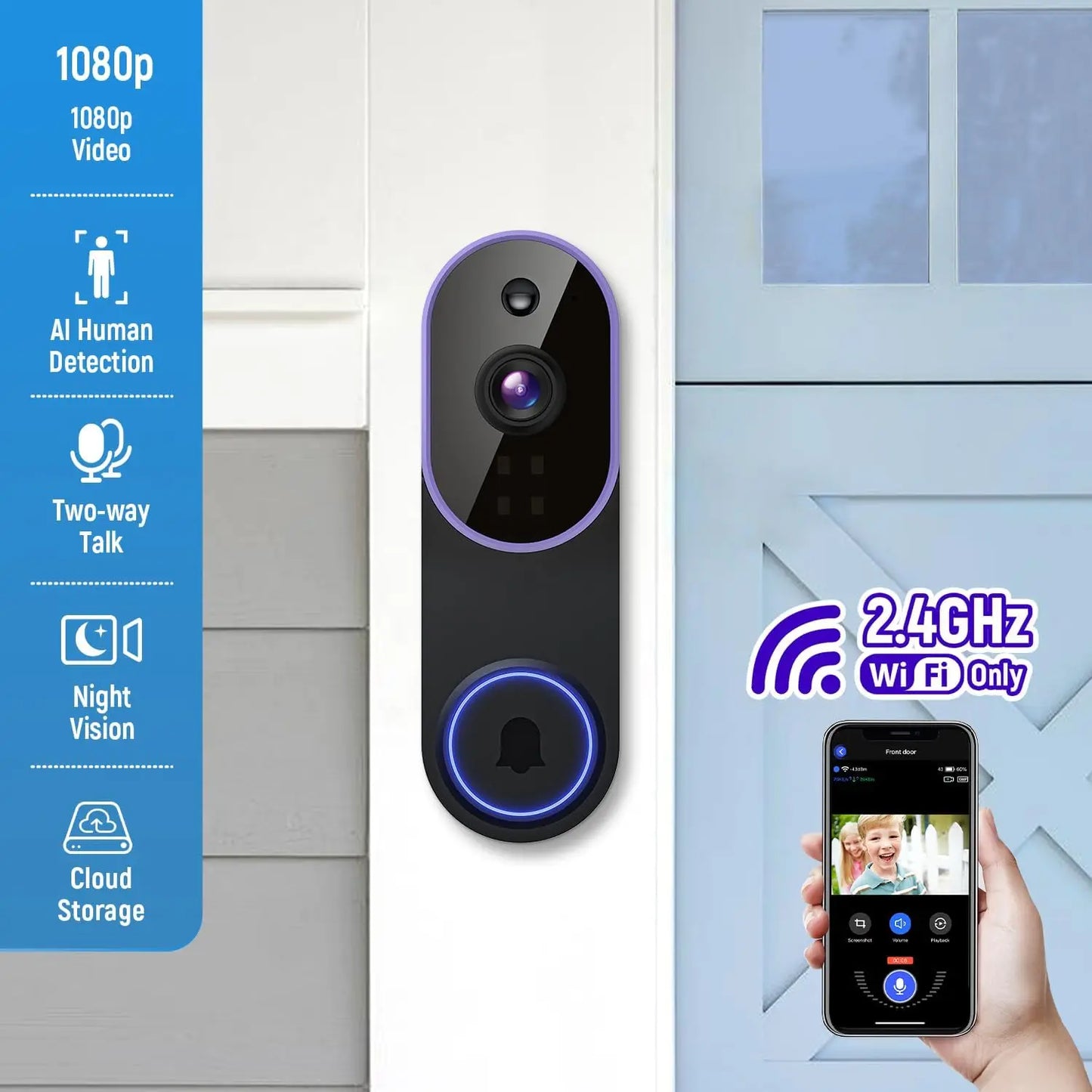 Smart Wireless Video Doorbell With AI Human Detection