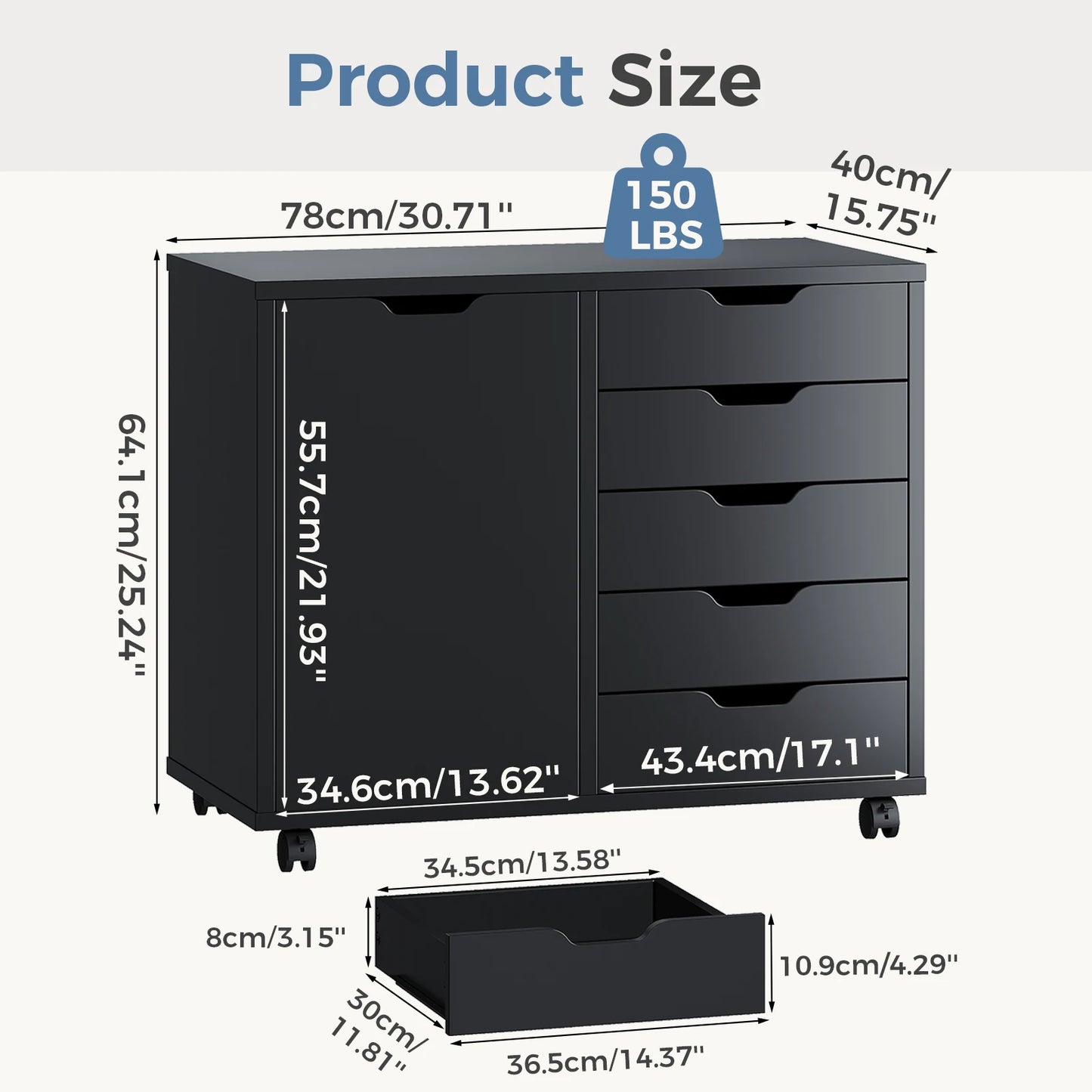 JHK Wood 5 Drawer Cabinet Organizer With Wheels