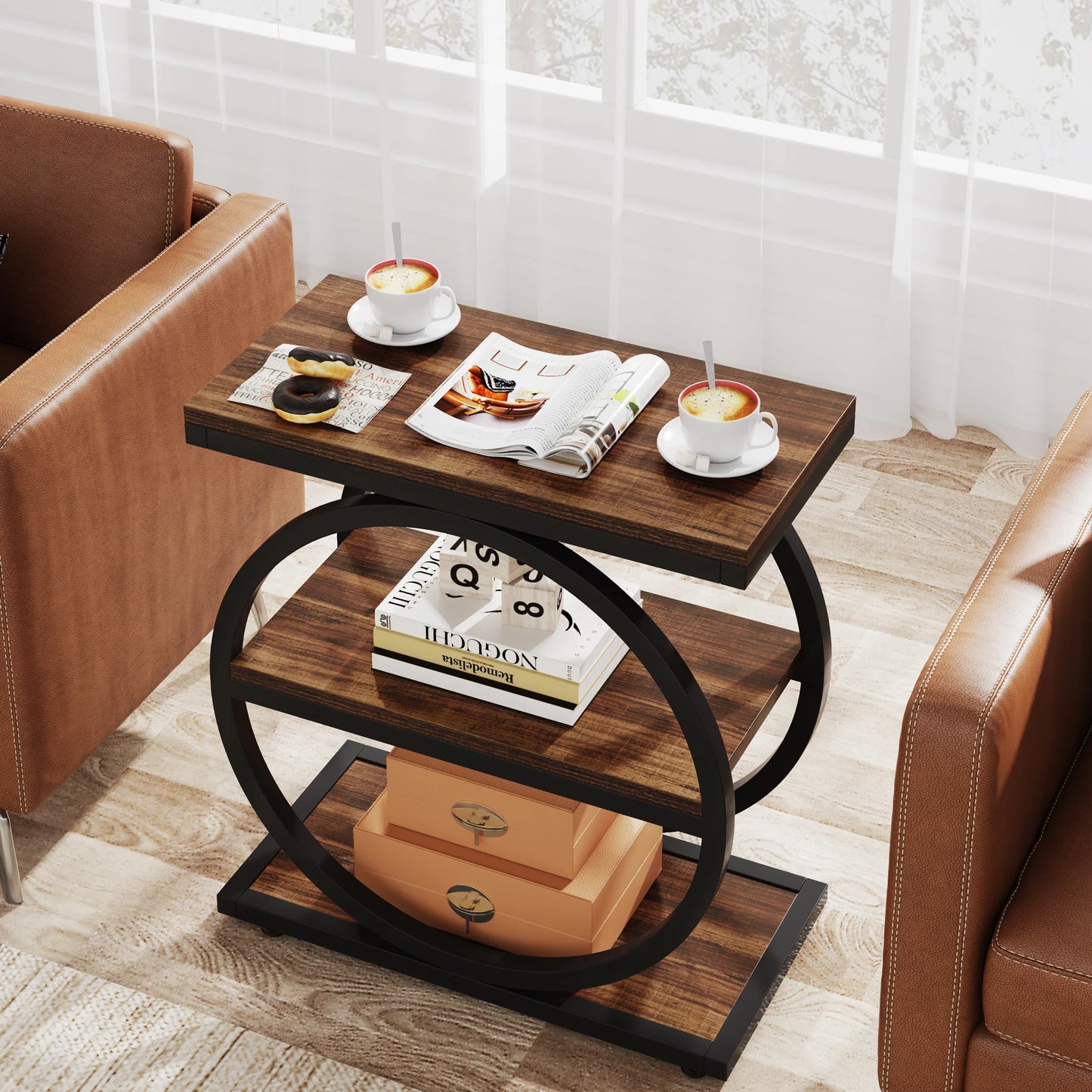 Tribesigns End Table With 3 Storage Shelves Industrial Wood