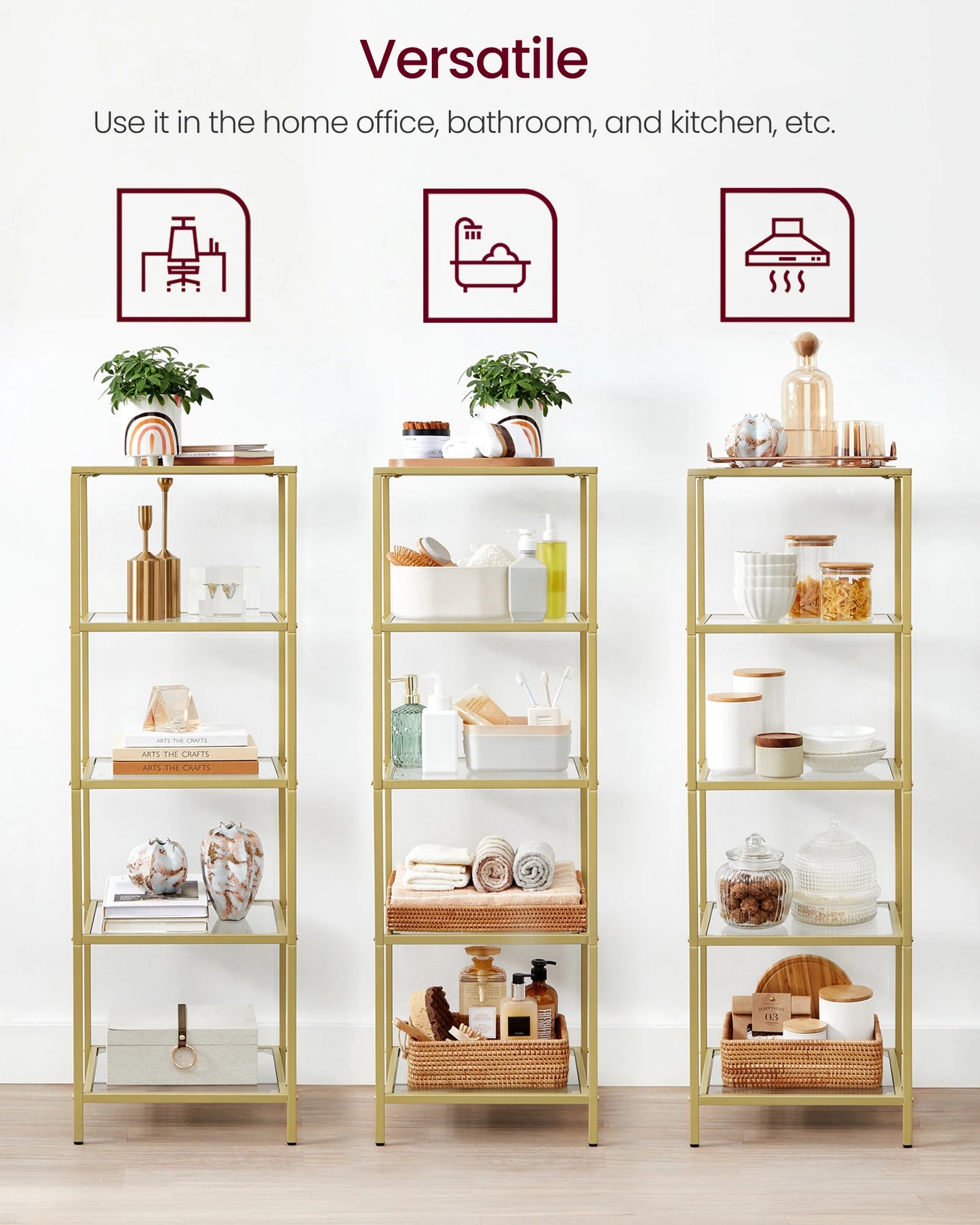 VASAGLE 5-Tier Bookshelf With Tempered Glass And Steel Frame