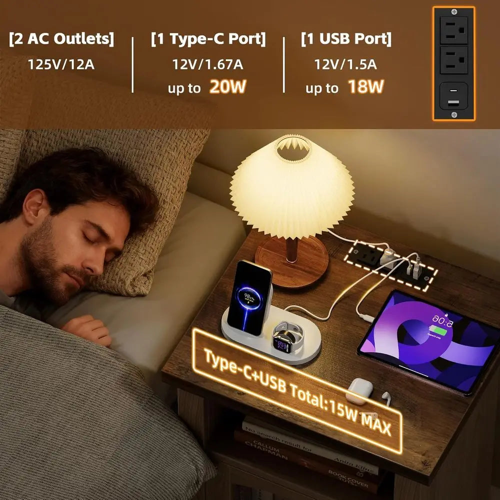 LED Shelf End Table Glass Door Charging Station Nightstand