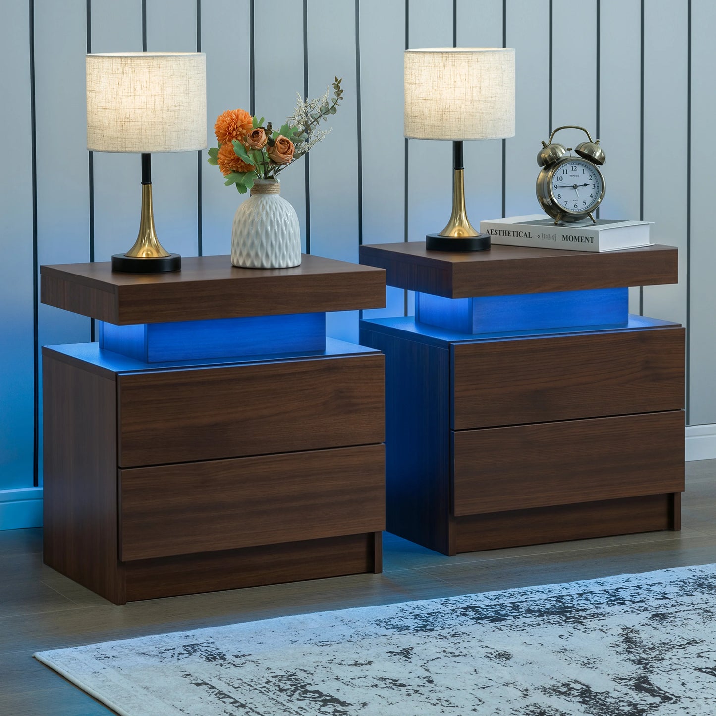 Cubehom Set Of 2 Modern Led Nightstand With Drawers