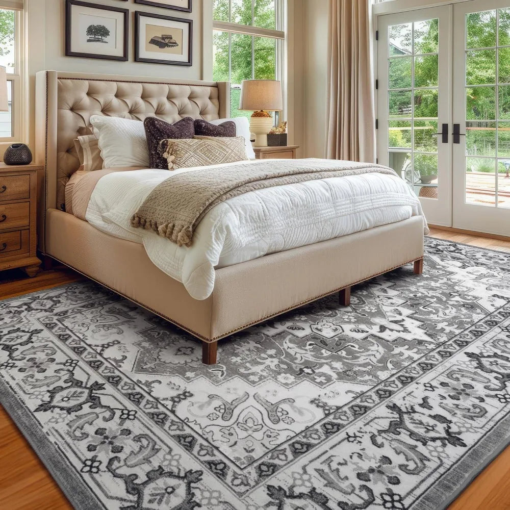 Floral Medallion Nylon Washable Area Rug With Non Slip Backing