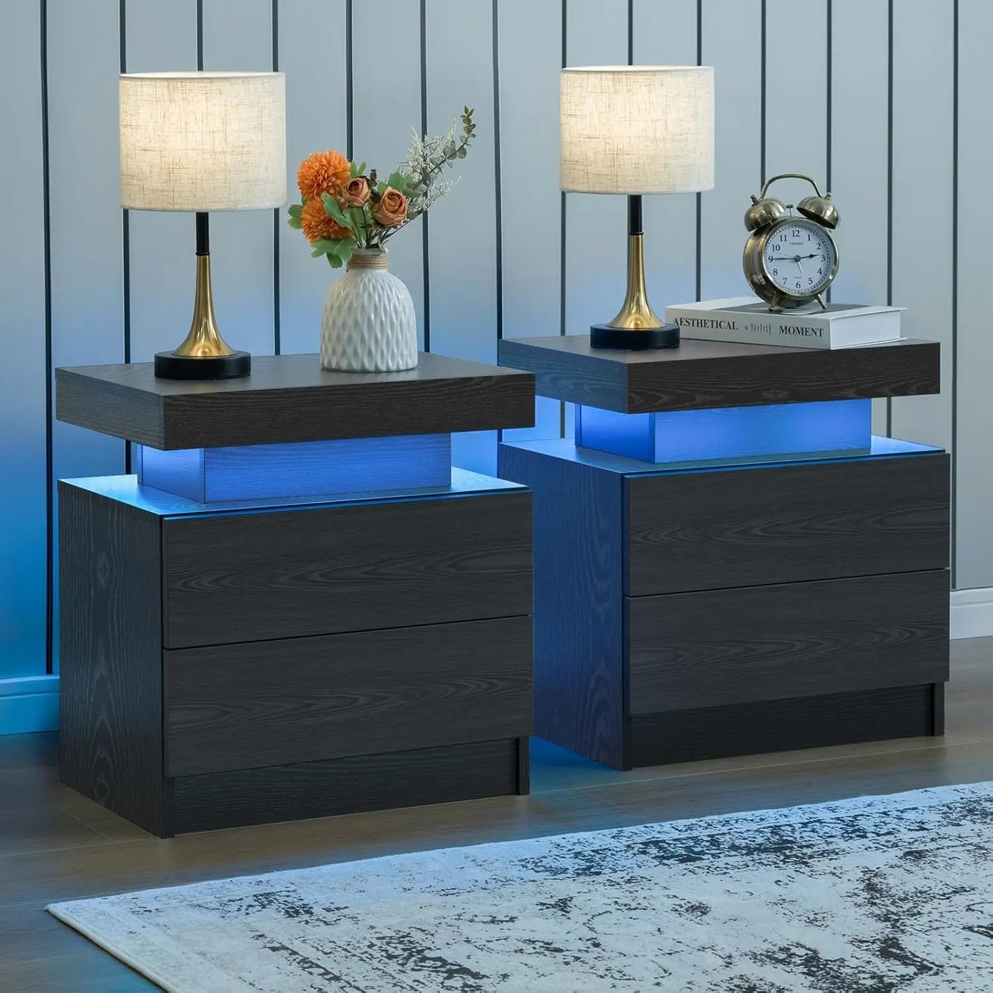 Cubehom Set Of 2 Modern Led Nightstand With Drawers
