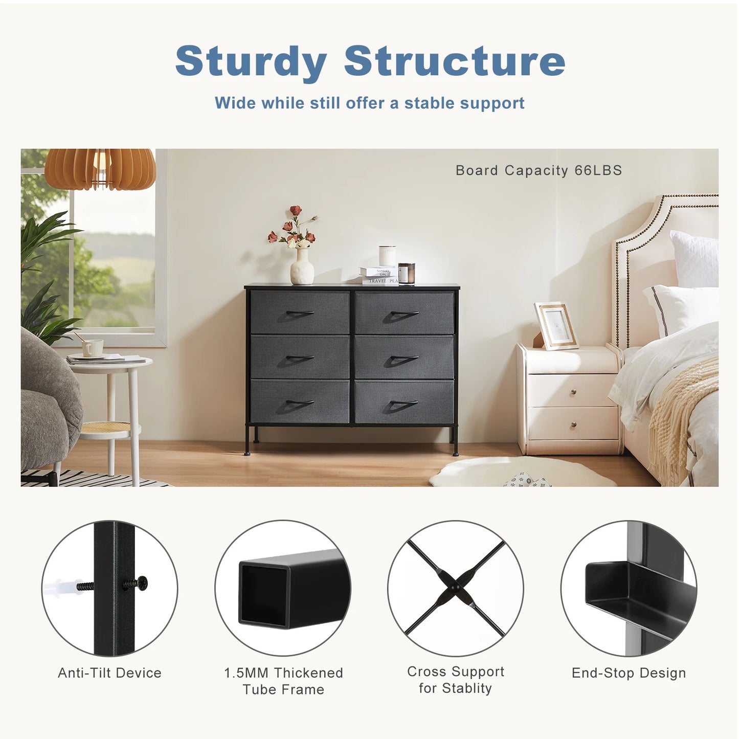JHK 6 Fabric Drawers Nightstand Bedside Storage Table Bedroom Furniture