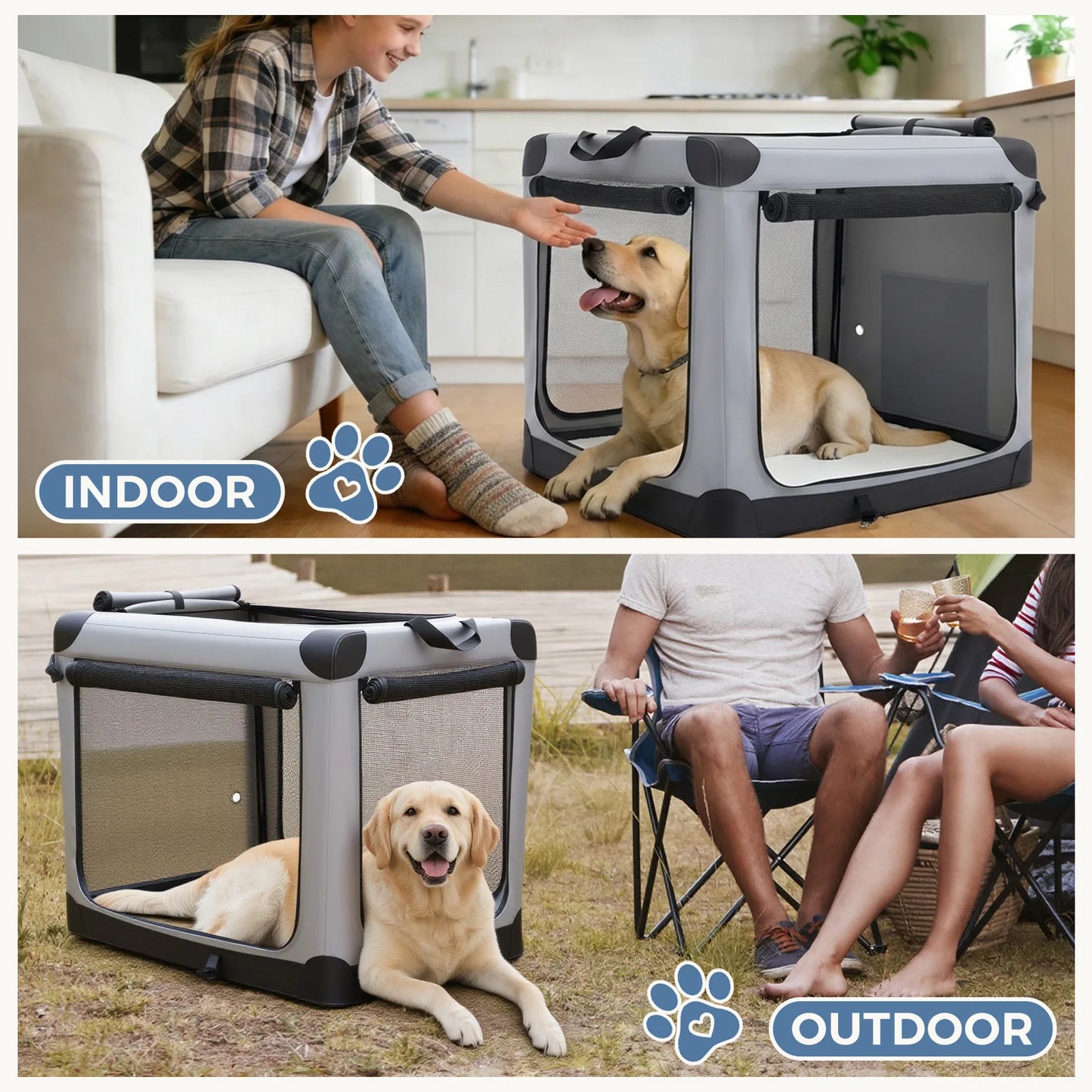 JHK Foldable Soft Dog Crate Portable Kennel Three Indoor Doors