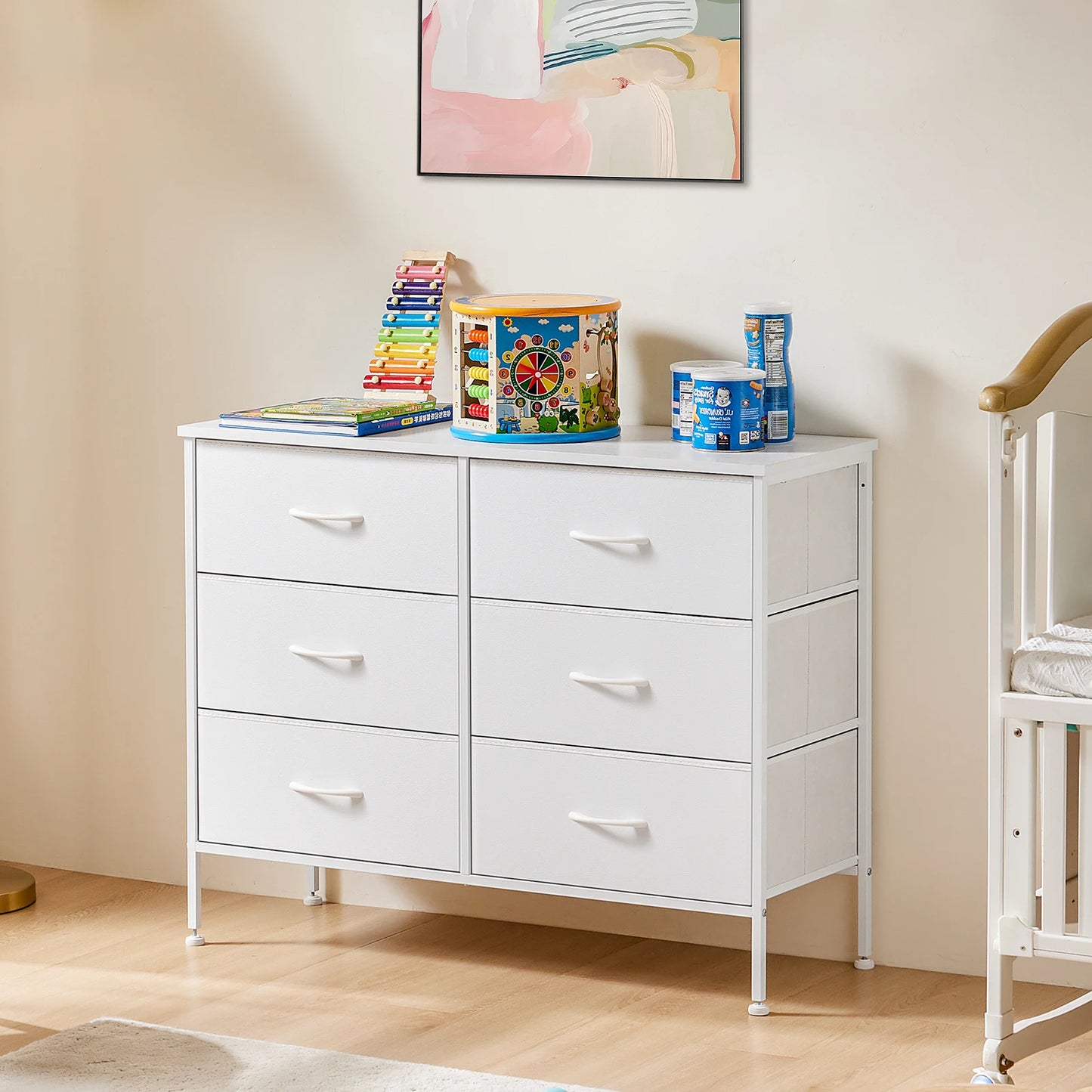 JHK 6 Fabric Drawers Nightstand Bedside Storage Table Bedroom Furniture