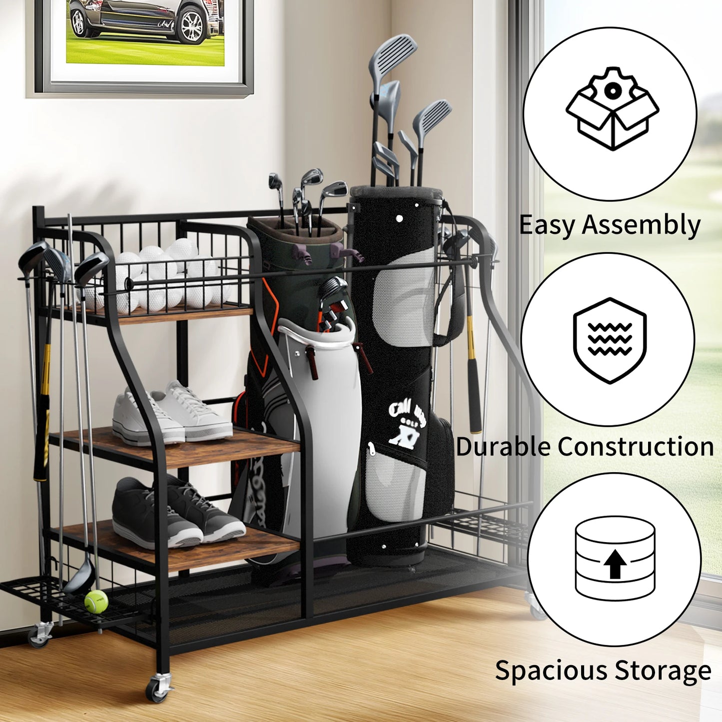 Multifunctional Metal Rolling Golf Bag Storage Shelf With Wheels