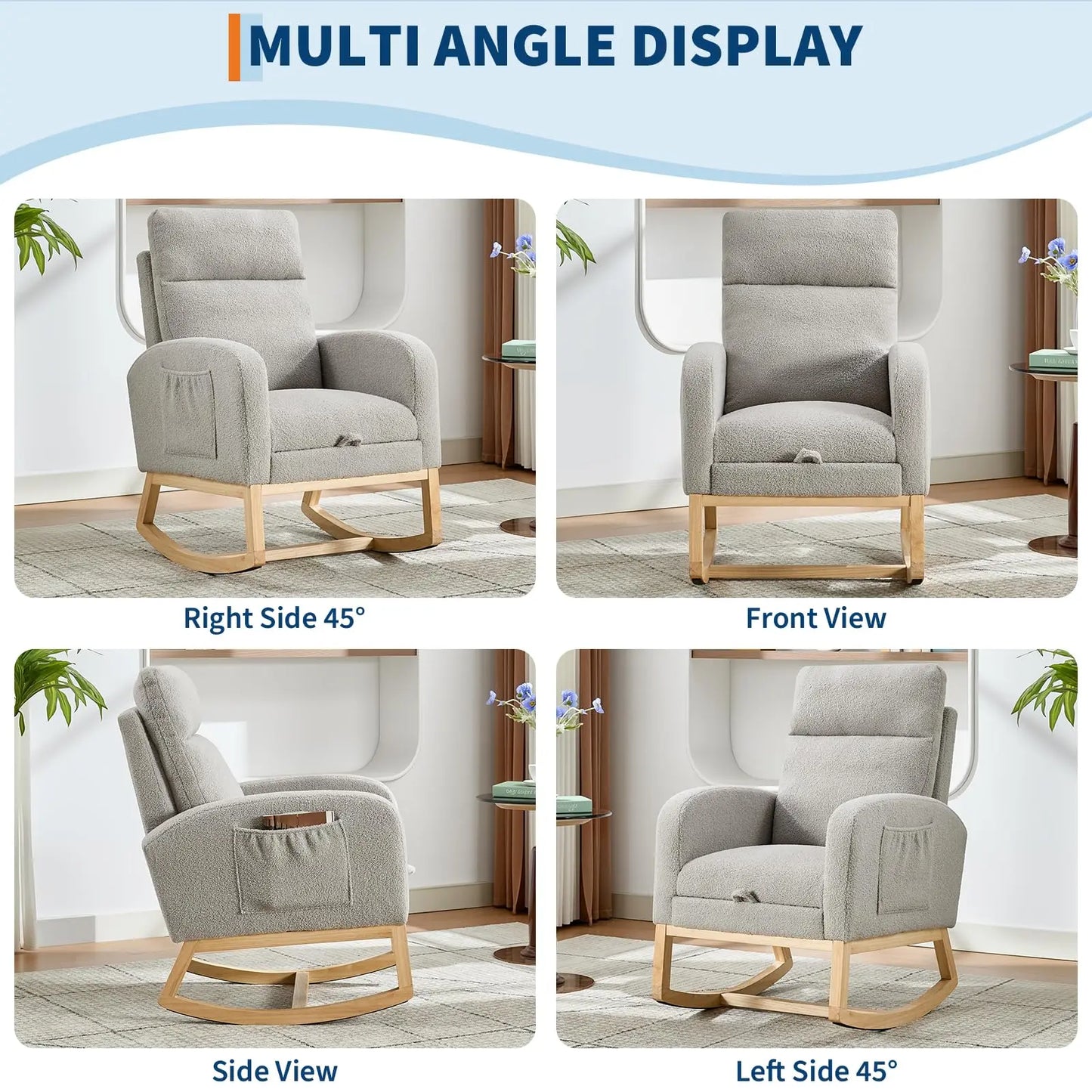 Modern Teddy Upholstered Rocking Chair With Footrest And Side Pocket