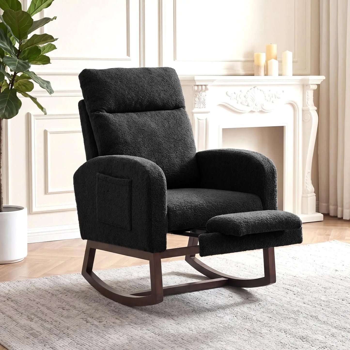 Modern Teddy Upholstered Rocking Chair With Footrest And Side Pocket
