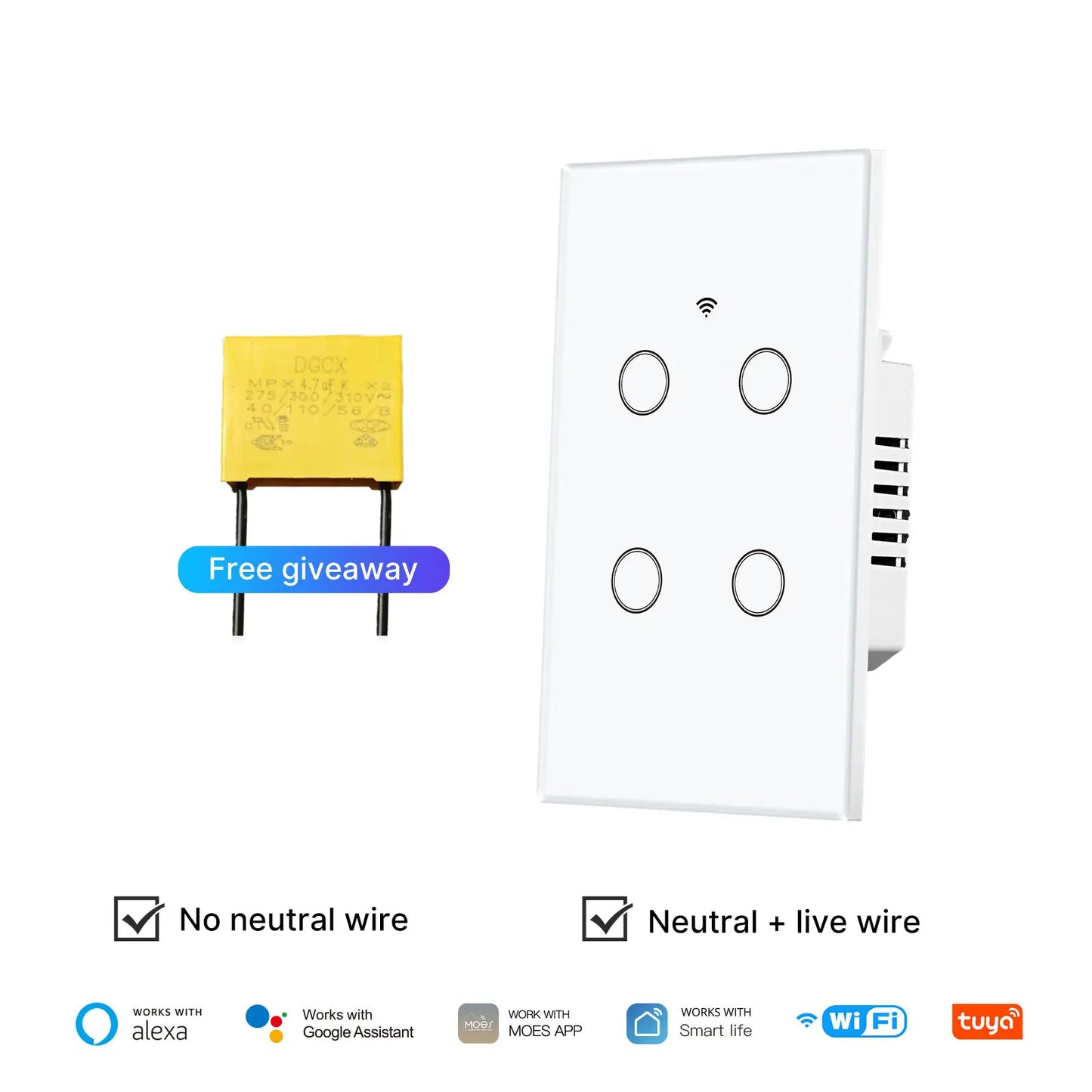Tuya No Neutral WiFi Smart Glass Light Switch For Alexa And Google Home