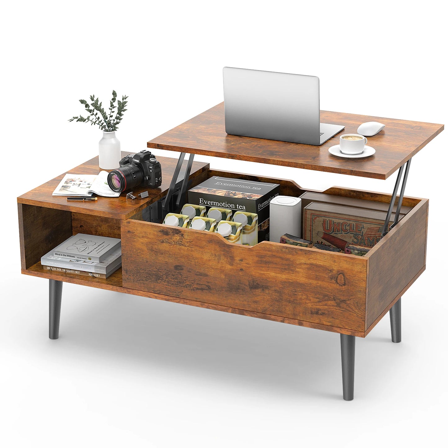 JHK Wood Lift Top Coffee Table Storage Shelf Living Room