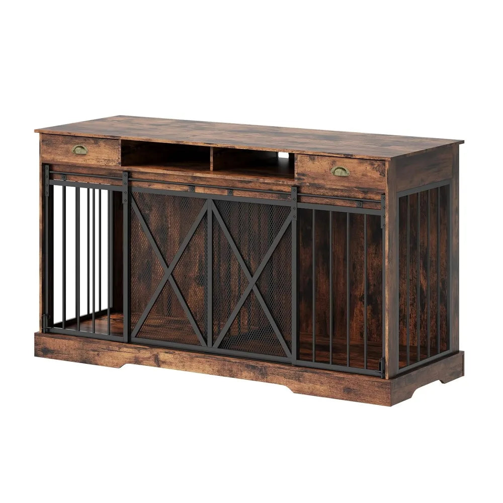 Large Wooden Double Dog Crate Furniture With Divider And Storage