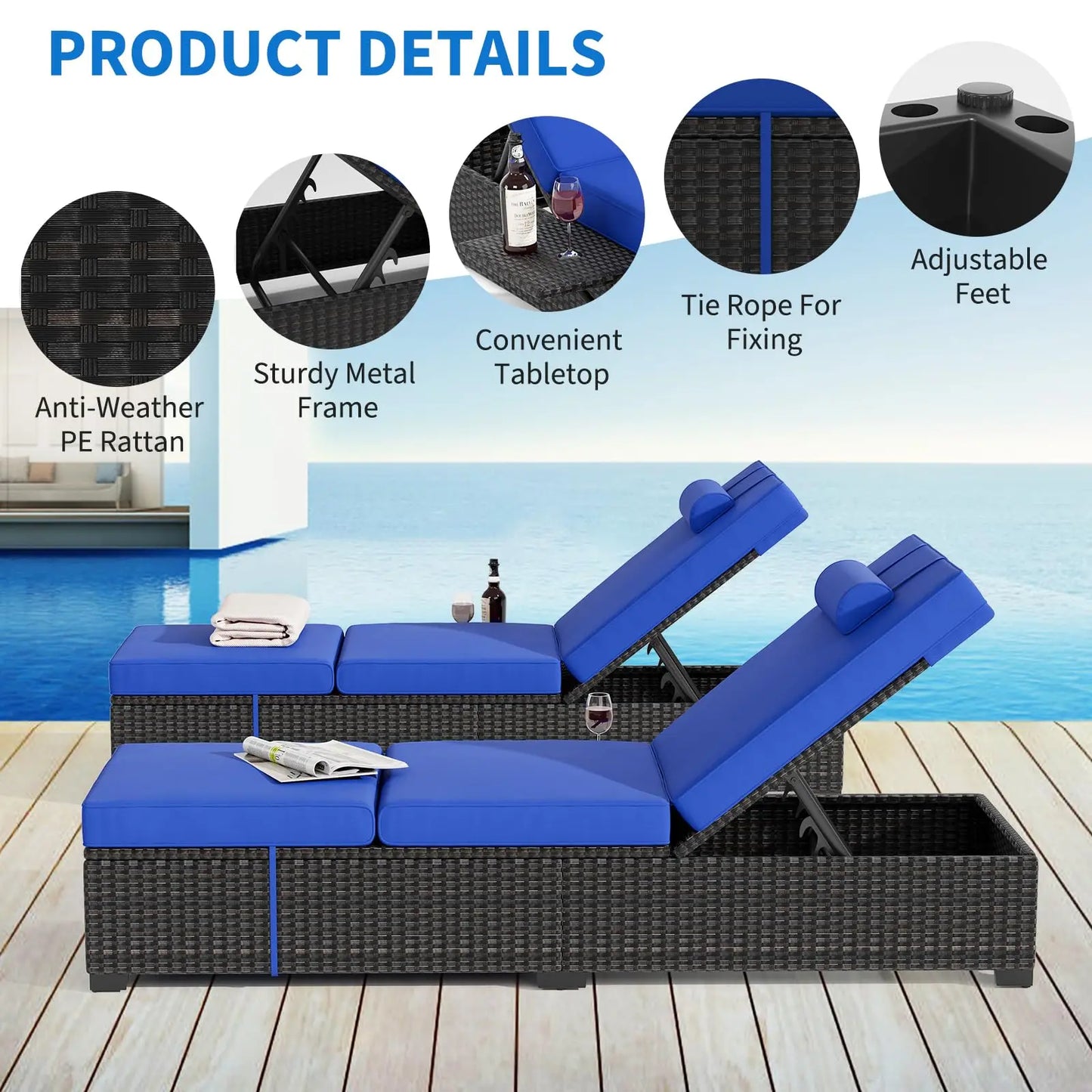 Modern Outdoor Rattan Chaise Lounge Set With Washable Cushions
