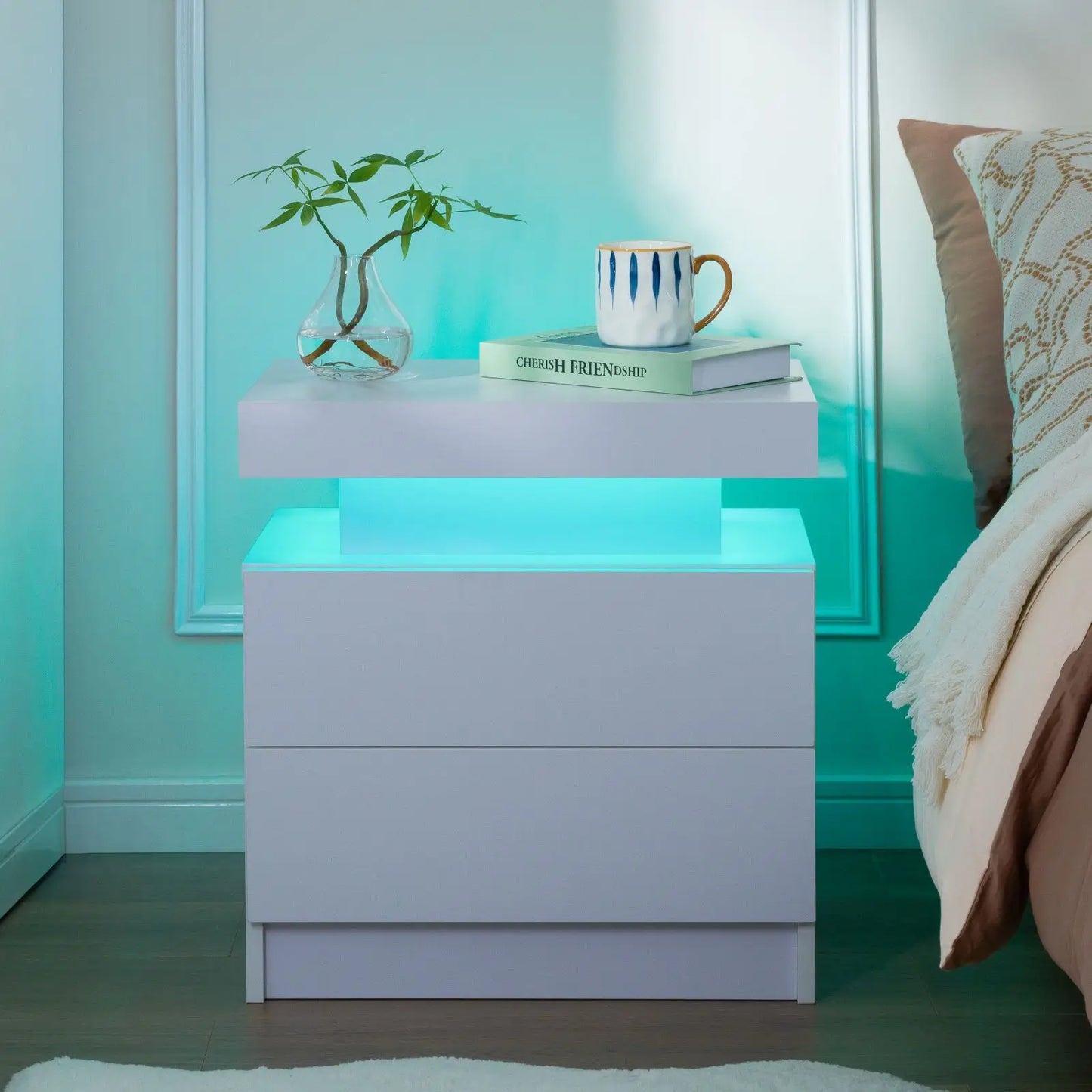 Cubehom Set Of 2 Modern Led Nightstand With Drawers