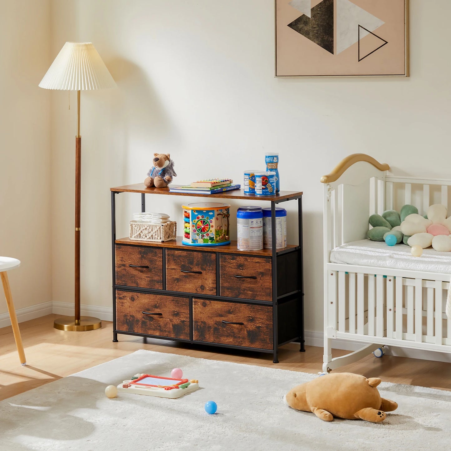 Jhk Modern TV Stand Dresser With Five Fabric Drawers And Storage