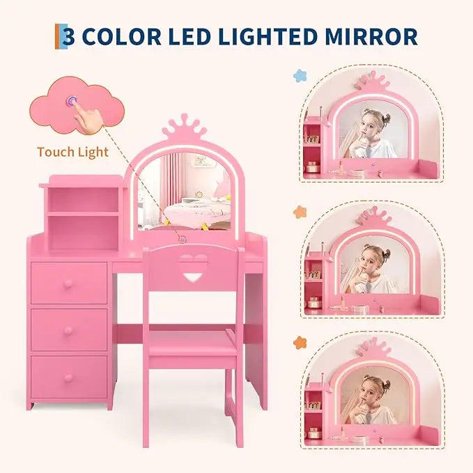 HiMiss Kids Vanity With Lights And Chair For Girls