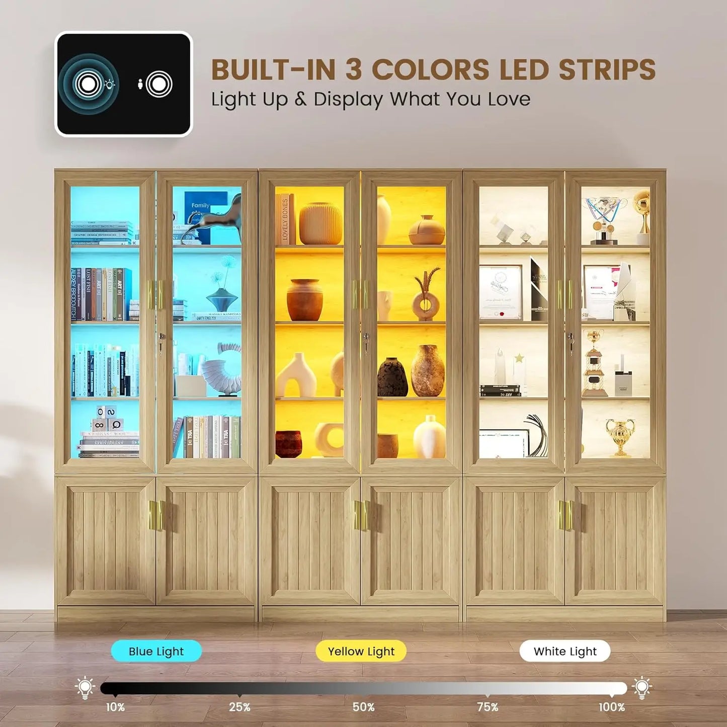 Four Tier Solid Wood Display Cabinet With Lockable Glass Doors
