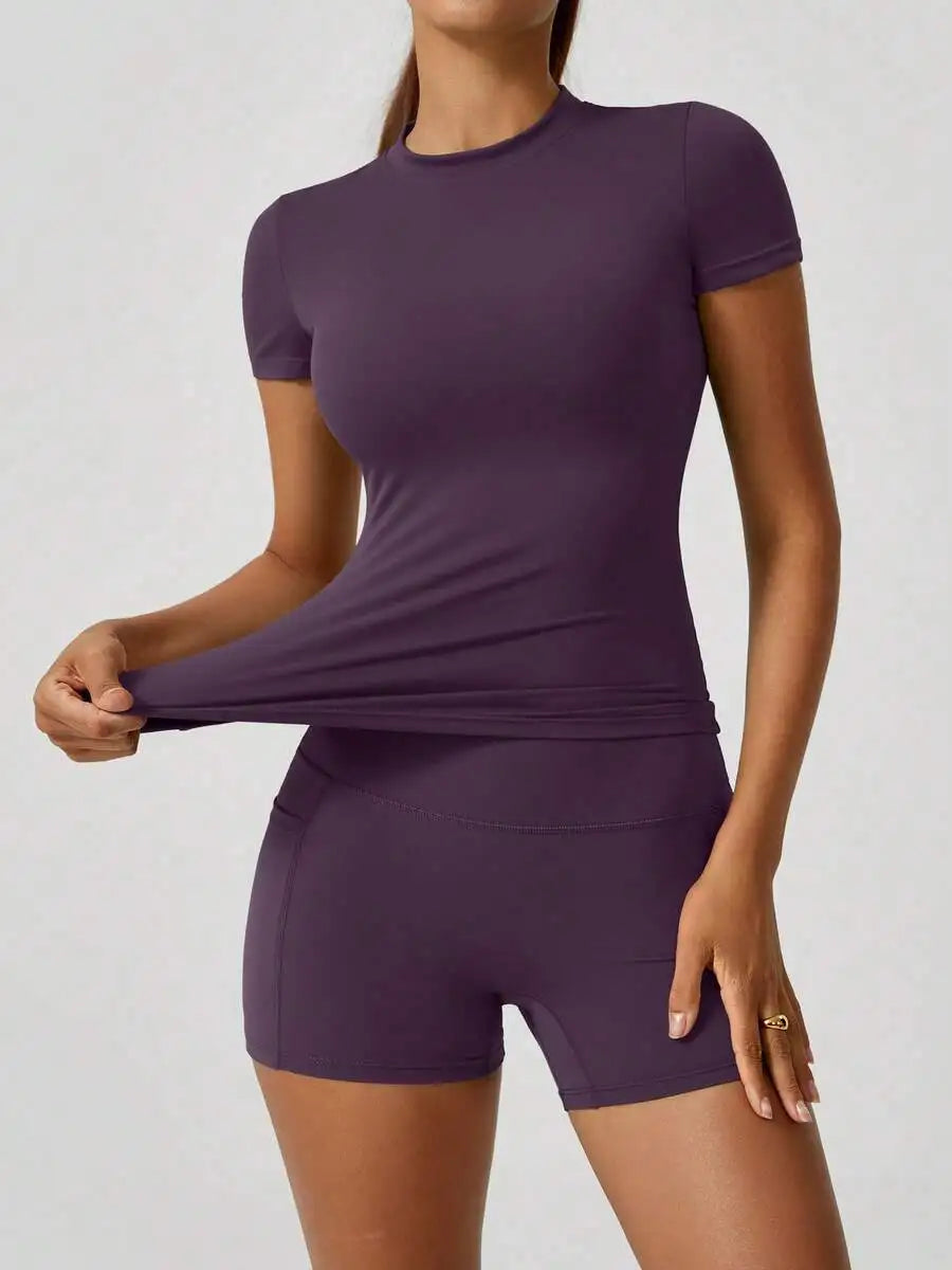 Women's Seamless Yellow Yoga Shorts Set With High Waist