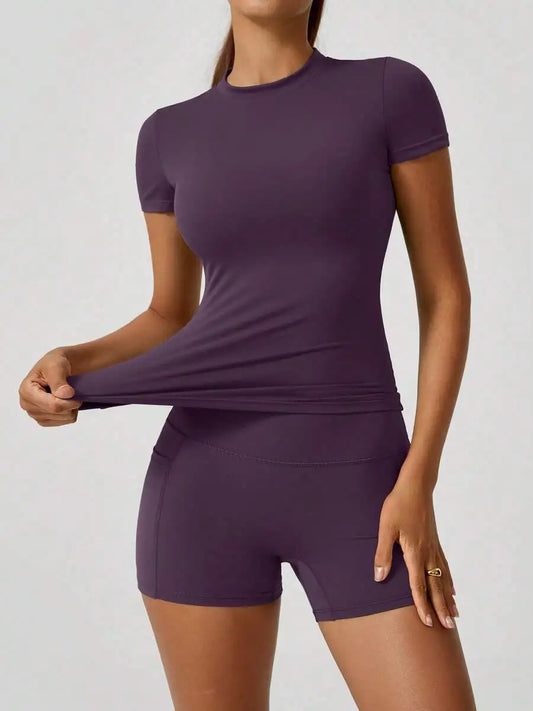 Women's Seamless Yellow Yoga Shorts Set With High Waist