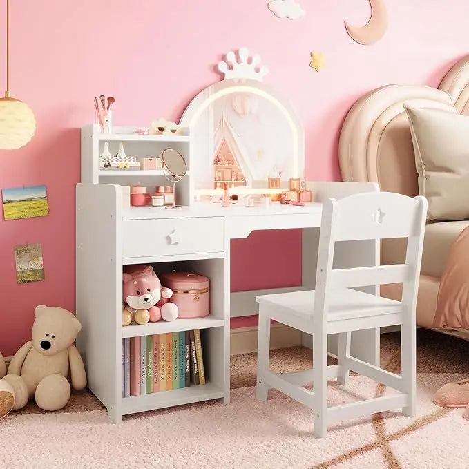 HiMiss Kids Vanity With Lights And Chair For Girls