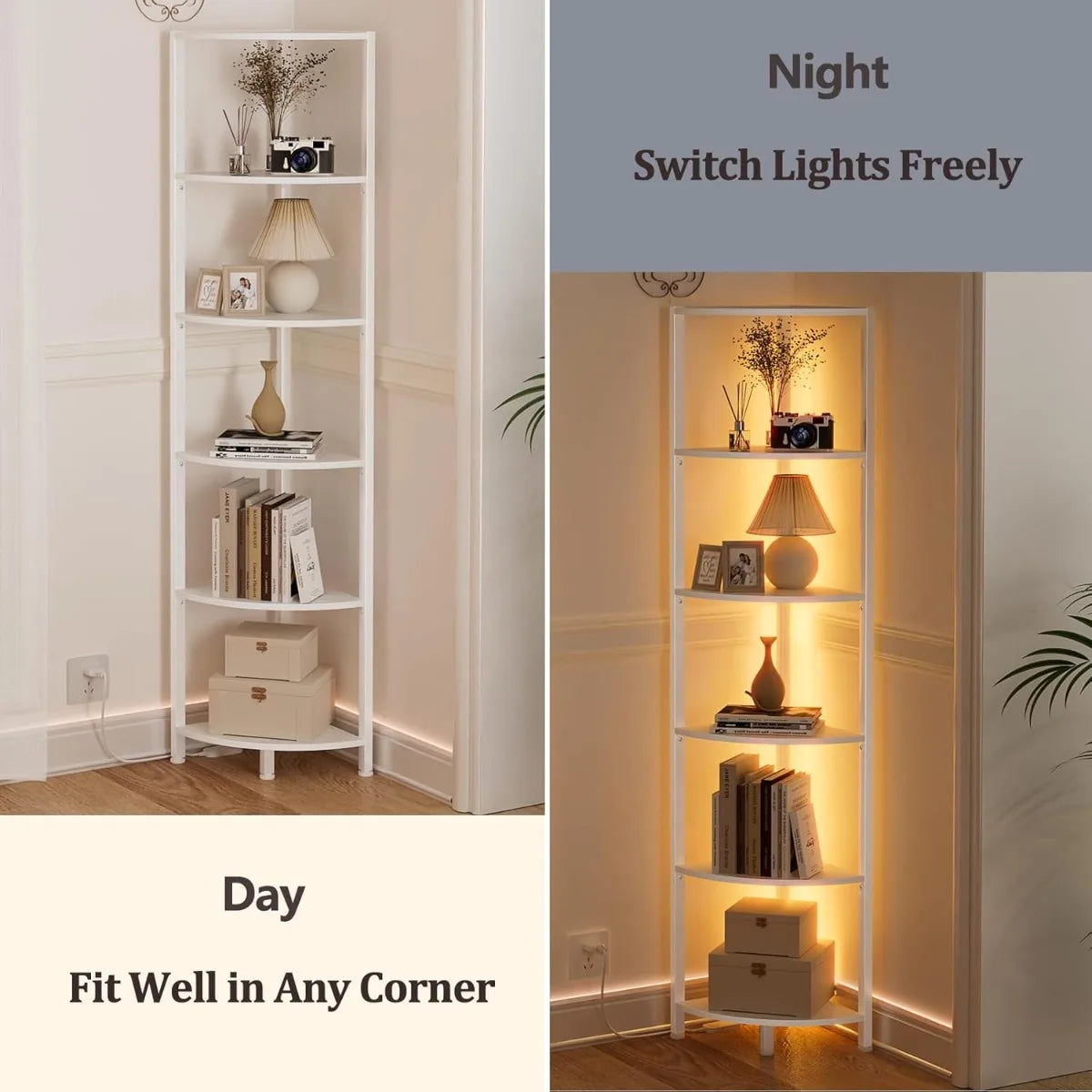 XIUWO Wooden Corner Shelf With LED Light Storage Bookshelf Organizer